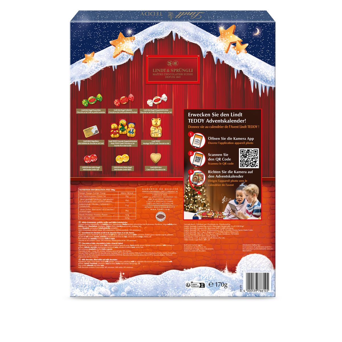 LINDT Teddy Calendrier de l'Avent assortiment de bouchées au chocolat lait et blanc 24 pièces 170g