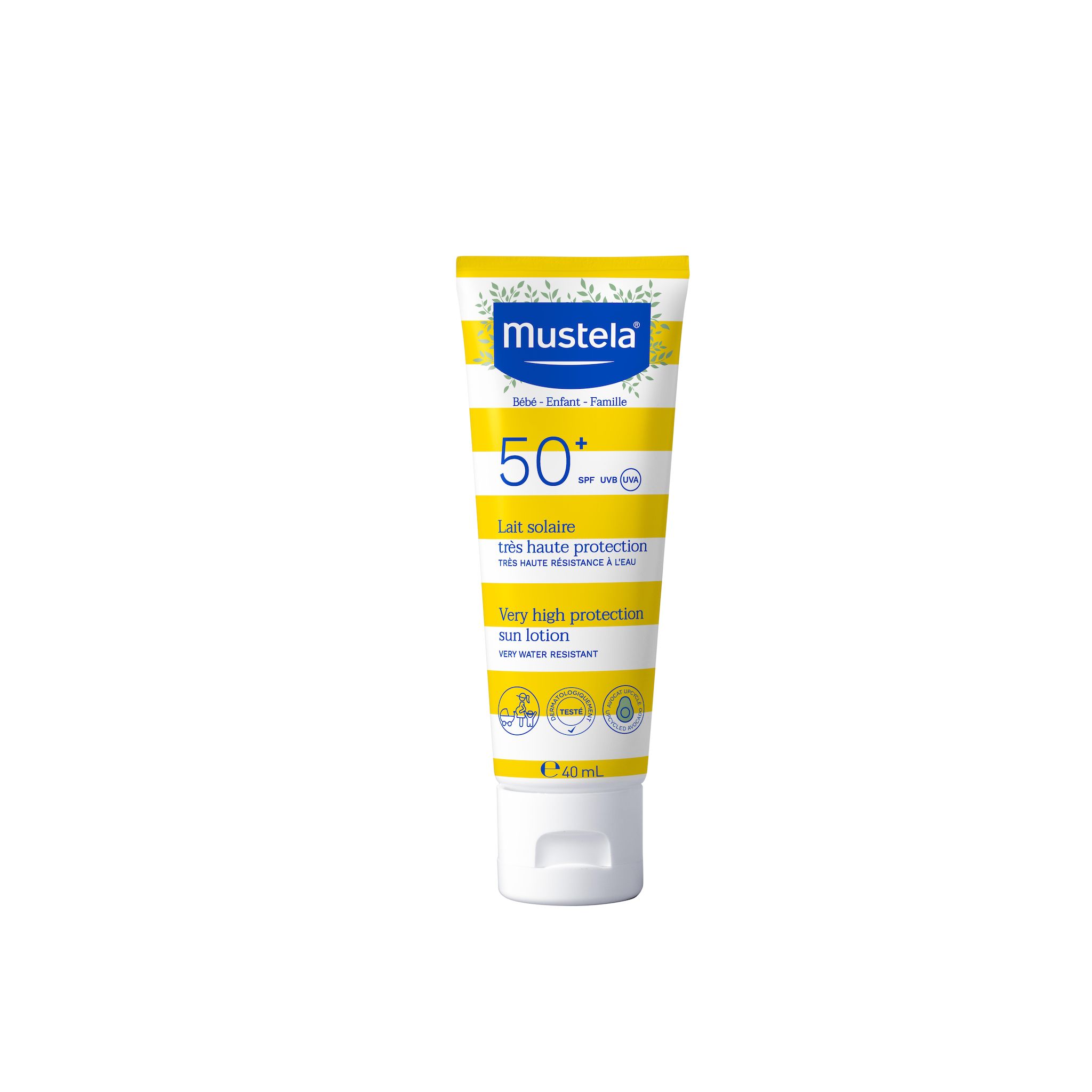 Voir la diapositive 2 : MUSTELA Lait très haute protection SPF50+ 40ml