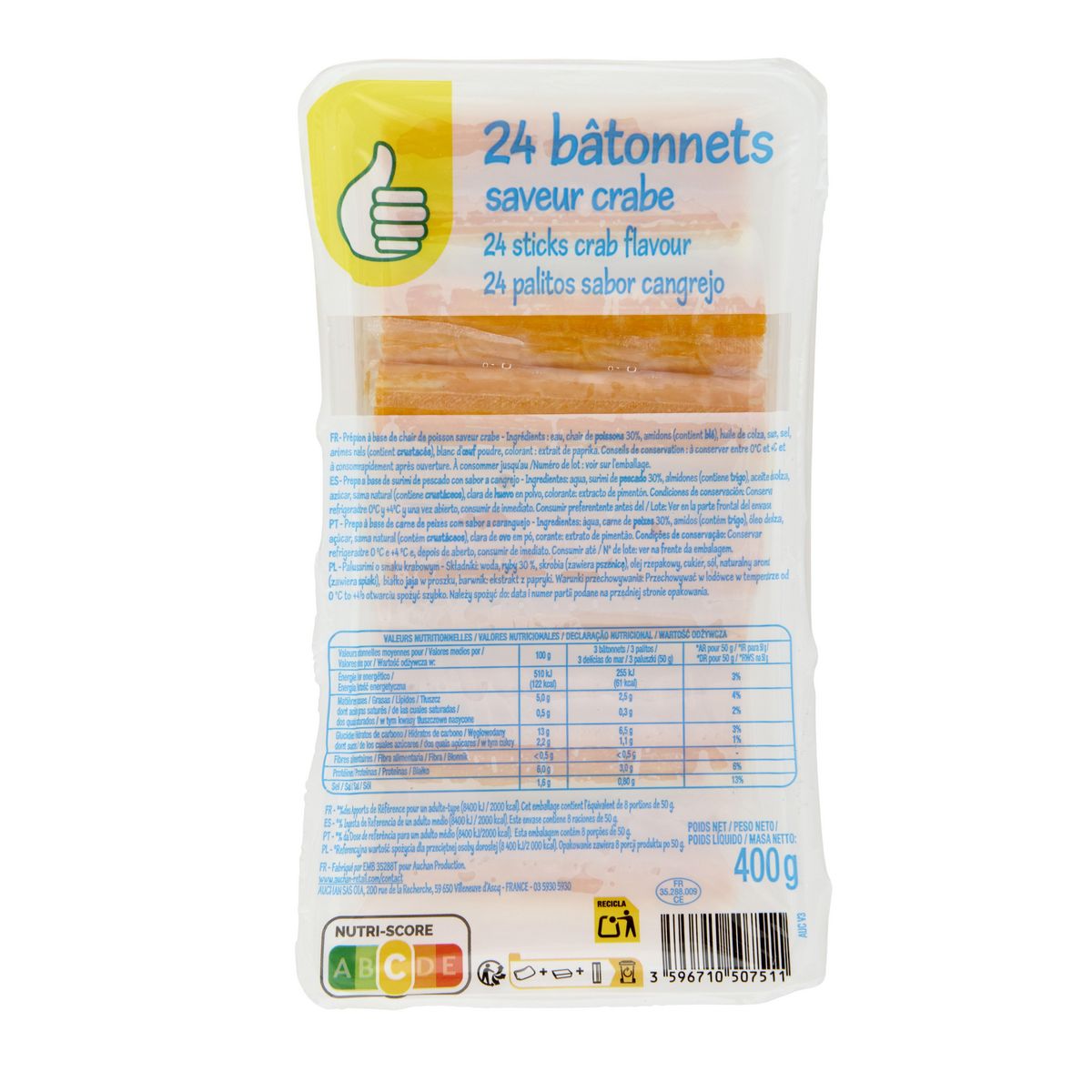 POUCE Bâtonnets de poisson saveur crabe 24 pièces 400g
