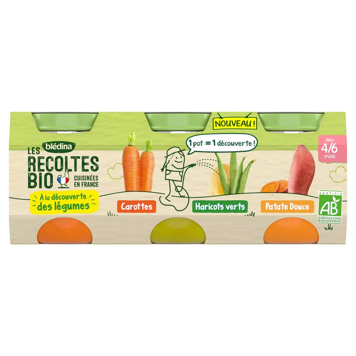 BLEDINA Les récoltes bio petit pot 3 variétés carottes haricots verts et patate douce dès 4 mois 3x130g