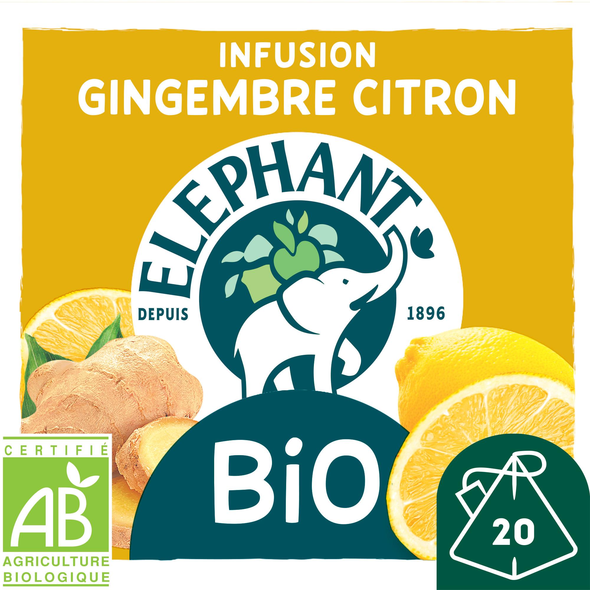 Voir la diapositive 2 : ELEPHANT Infusion bio au gingembre et citron 20 sachets 34g