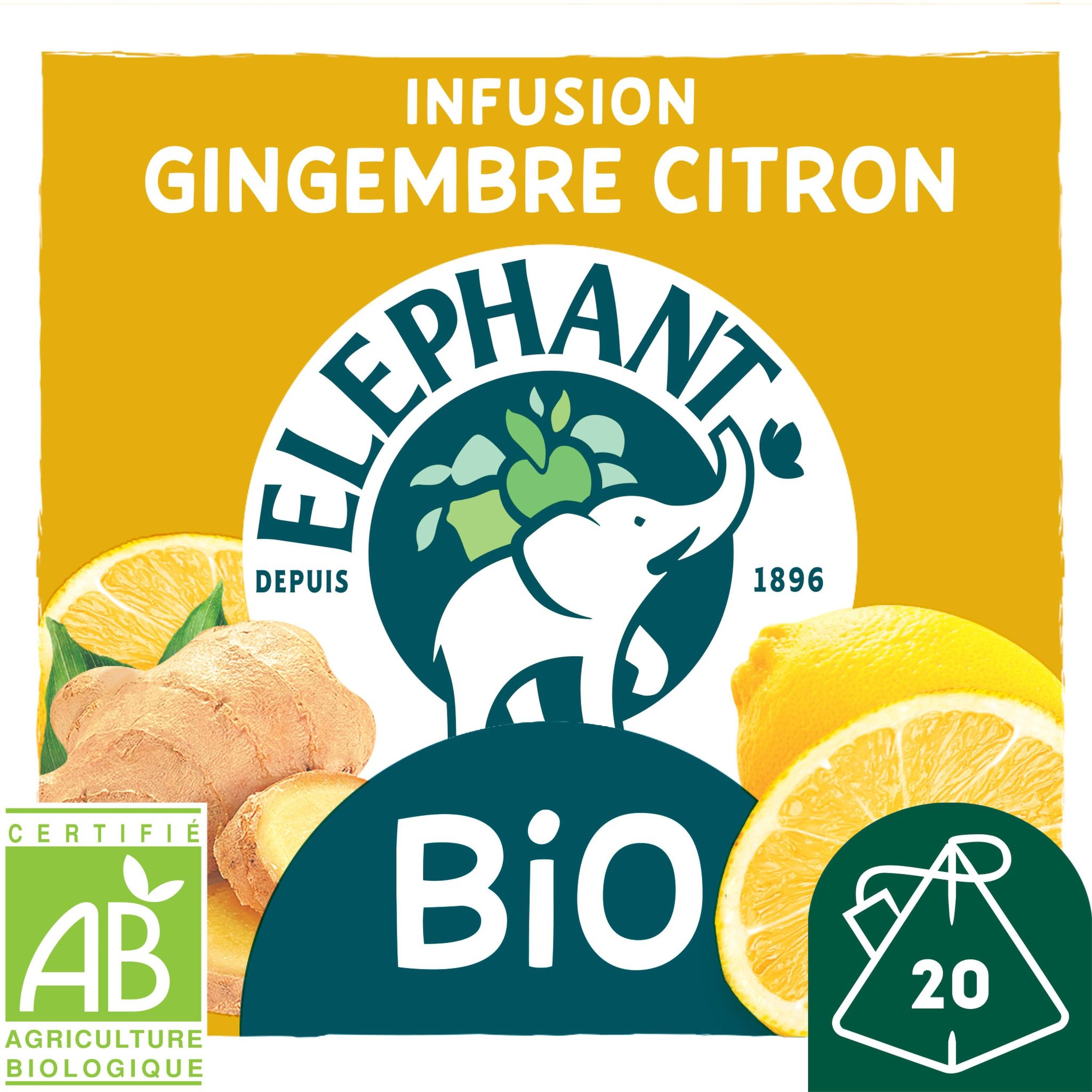 Voir la diapositive 3 : ELEPHANT Infusion bio au gingembre et citron 20 sachets 34g