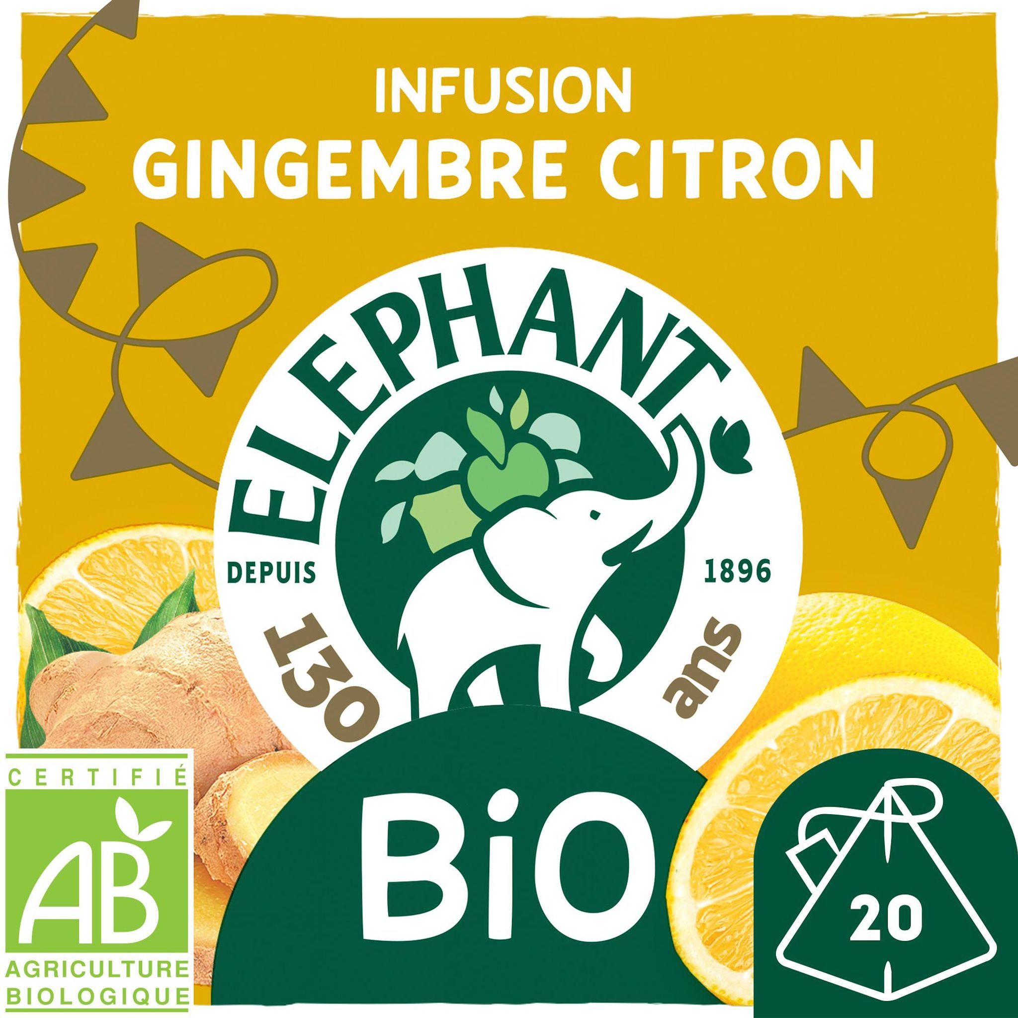 Voir la diapositive 3 : ELEPHANT Infusion bio au gingembre et citron 20 sachets 34g