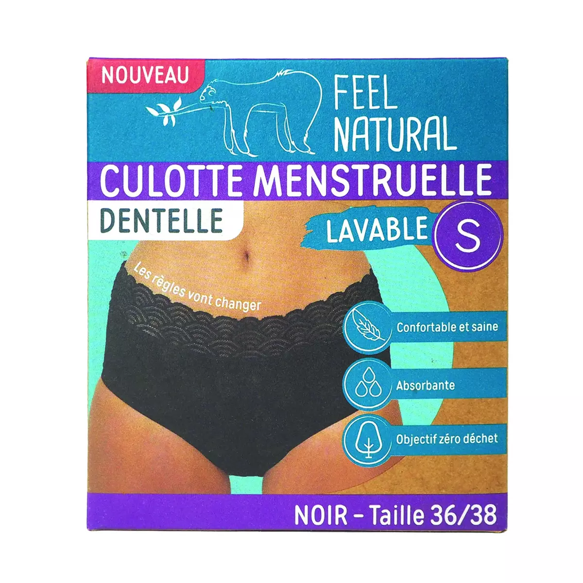 FEEL NATURAL Culotte menstruelle en dentelle noir lavable taille S 36-38 1 pièce