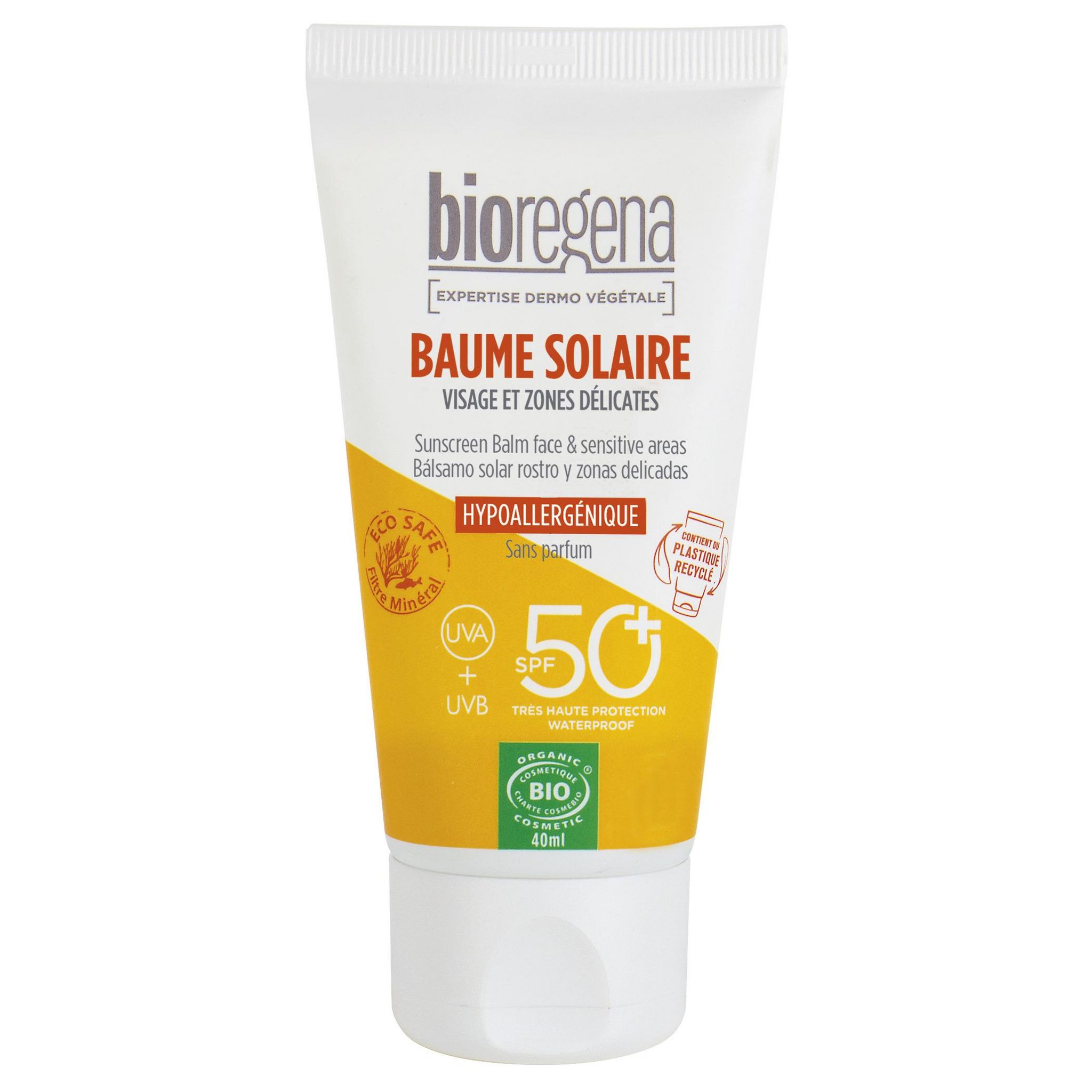 Voir la diapositive 2 : BIOREGENA Baume solaire visage et zones délicates SPF50+ bio 40ml