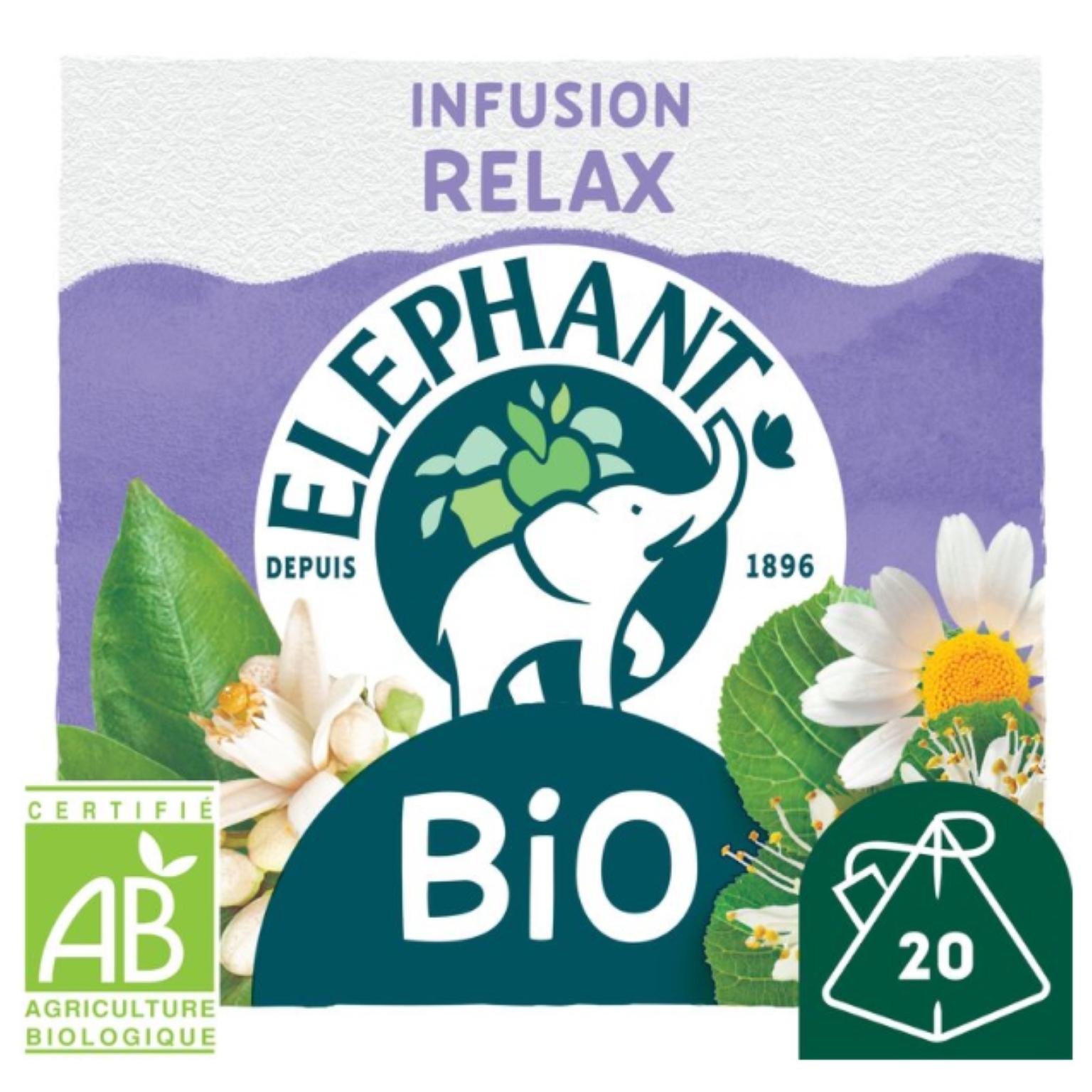 Voir la diapositive 2 : ELEPHANT Infusion bio relax camomille tilleul et feuilles d'oranger 20 sachets 26g