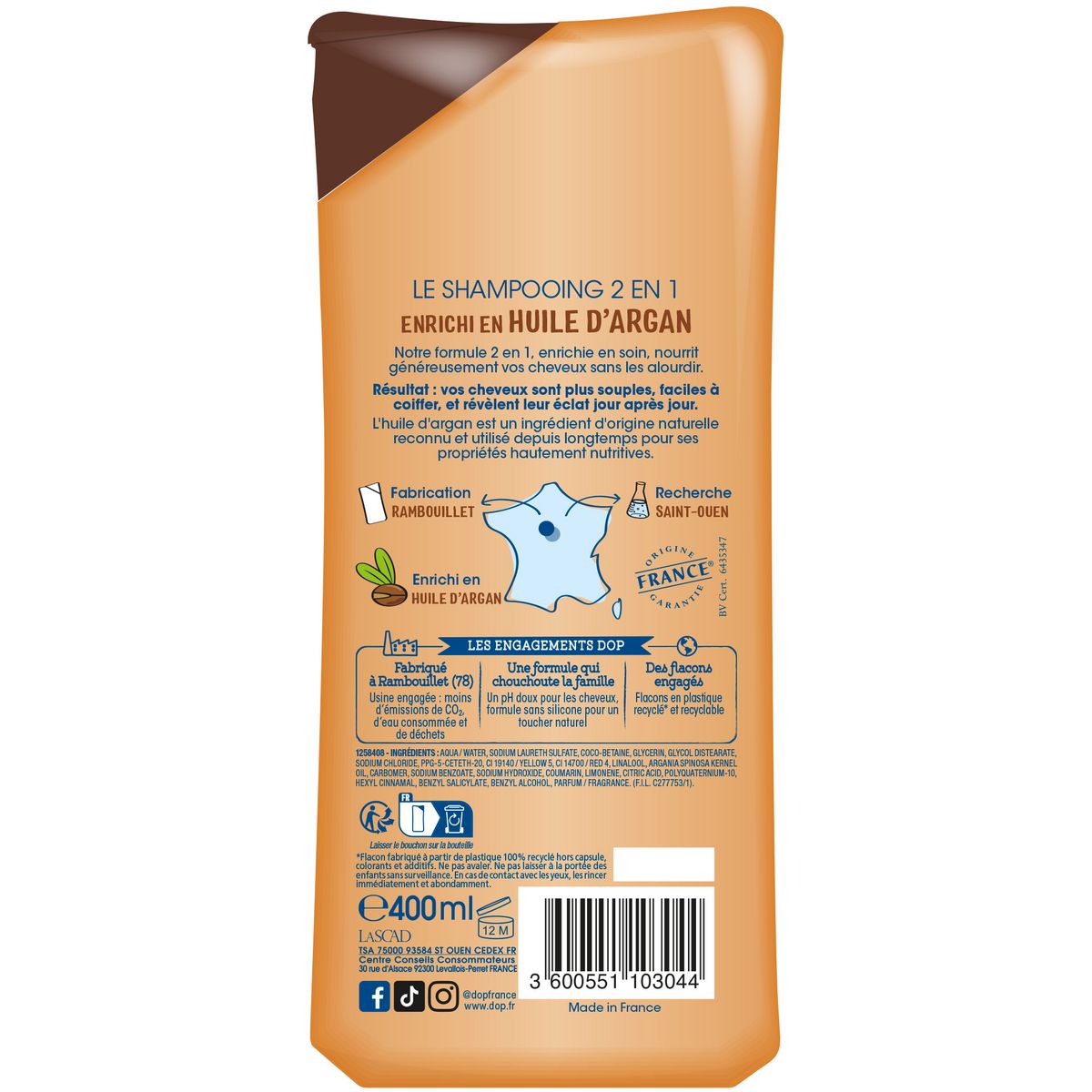 DOP Shampooing très doux 2en1 à l'huile d'argan cheveux méditerranéens secs ou frisés 400ml
