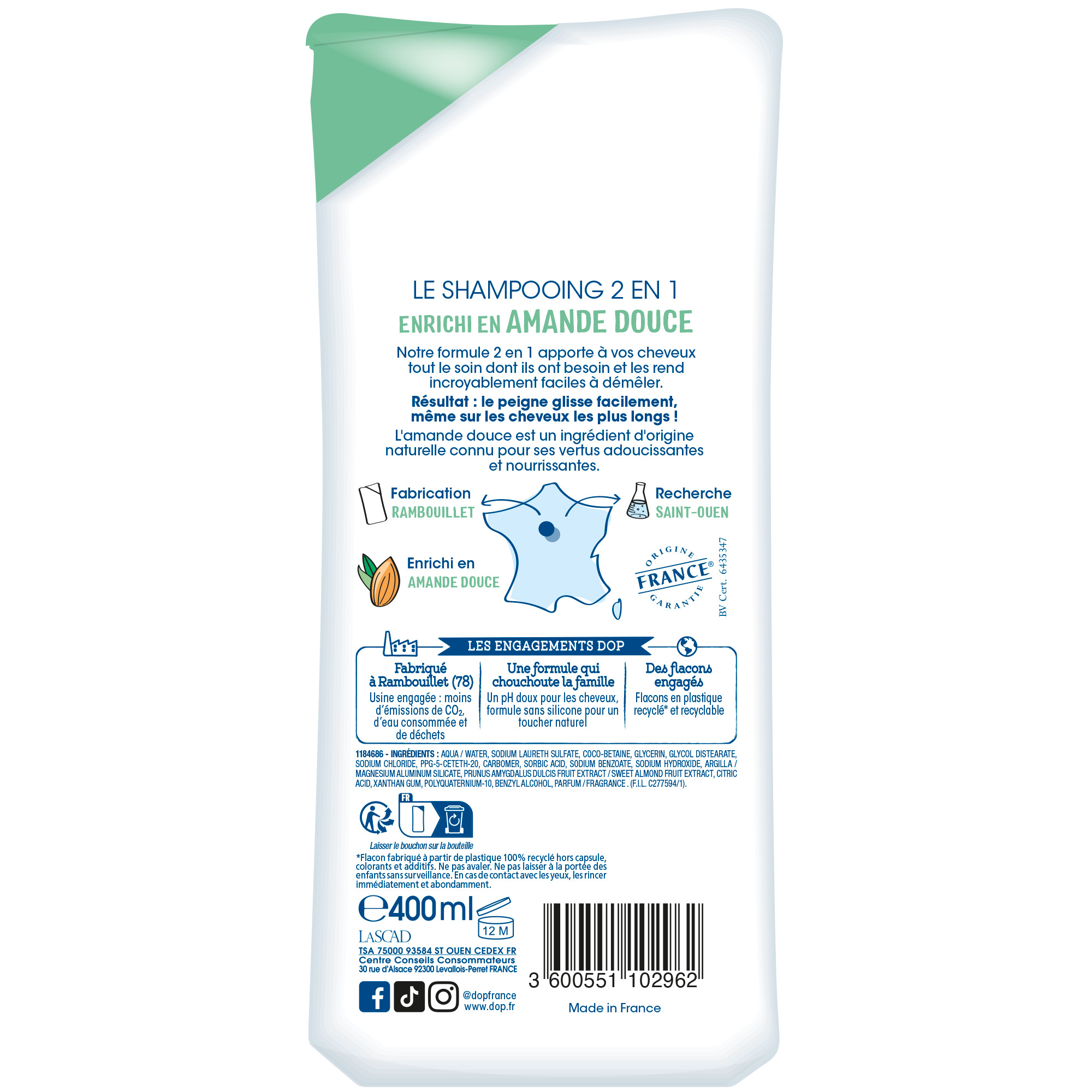 Voir la diapositive 2 : DOP Shampooing démêlant très doux 2en1 à l'amande douce tous types de cheveux 400ml