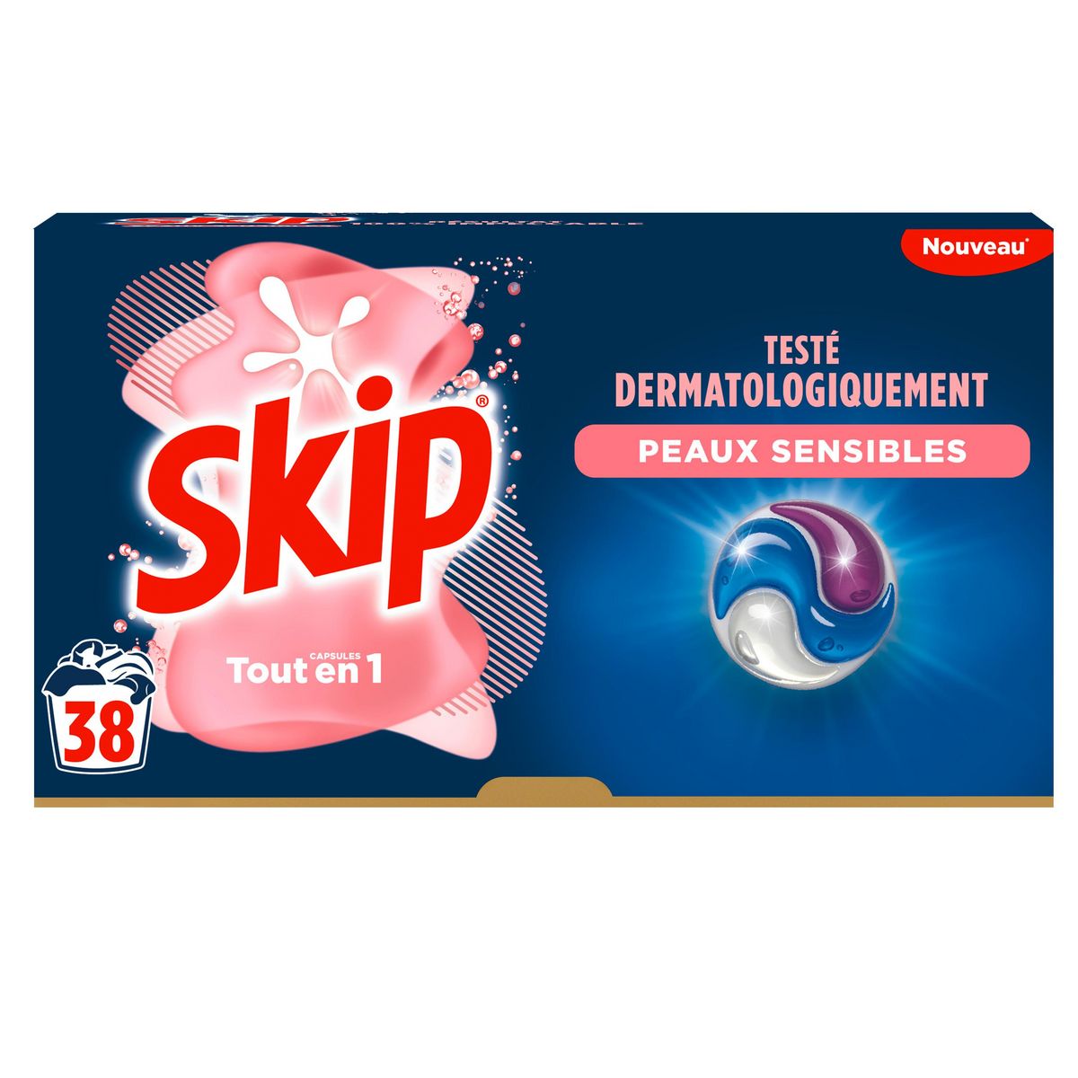 SKIP Lessive capsules 3 en 1 Sensitive Peaux sensibles et bébé 38 capsules
