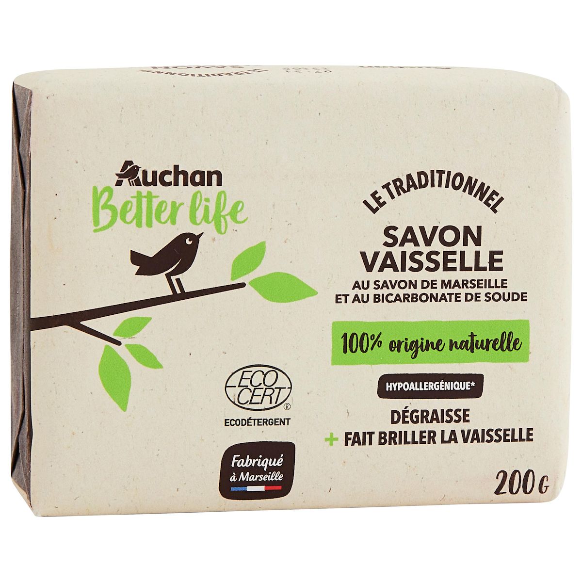 AUCHAN BETTER LIFE Savon vaisselle au savon de Marseille et bicarbonate de soude 200g