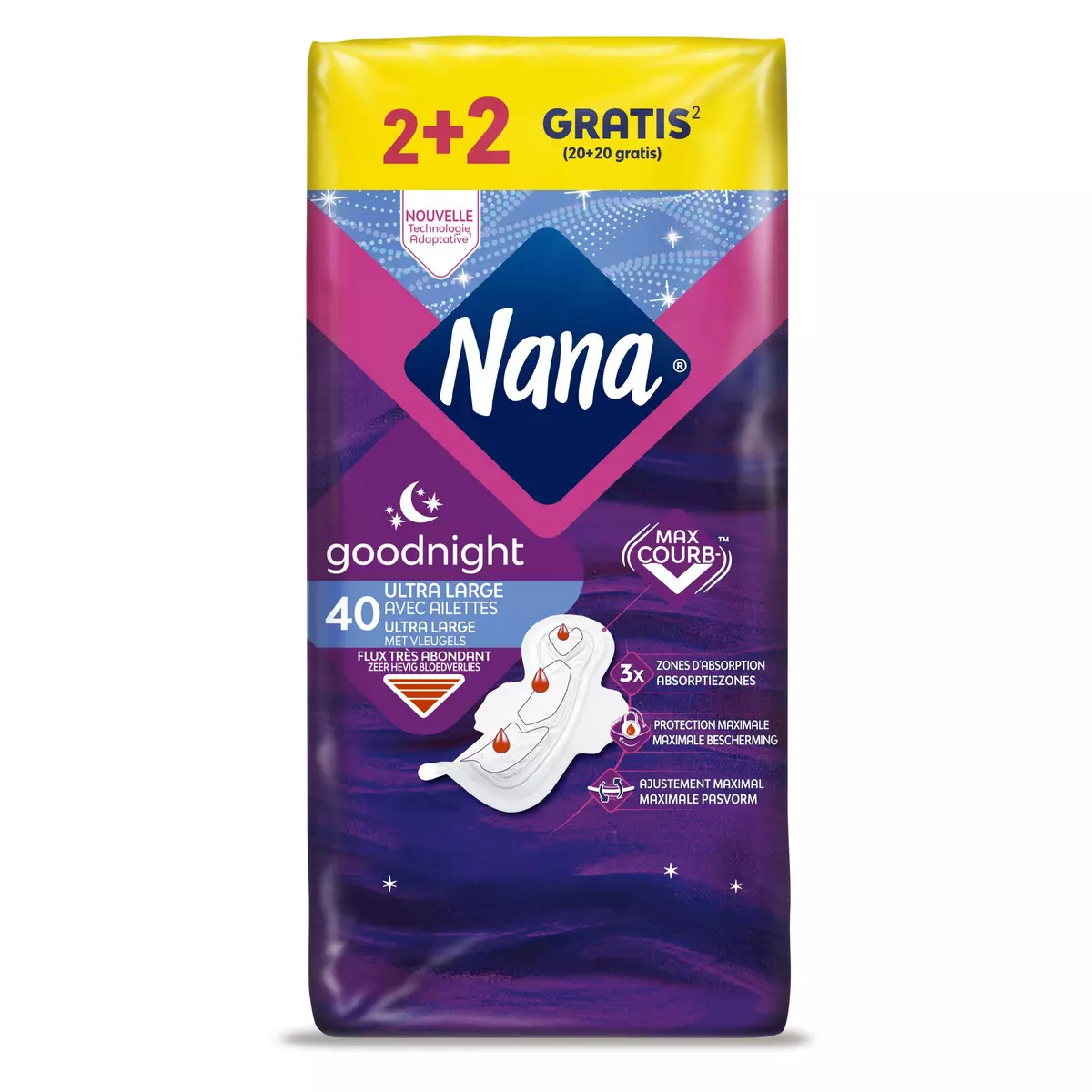 NANA Goodnight serviettes hygiéniques nuit avec ailettes 40 Serviettes
