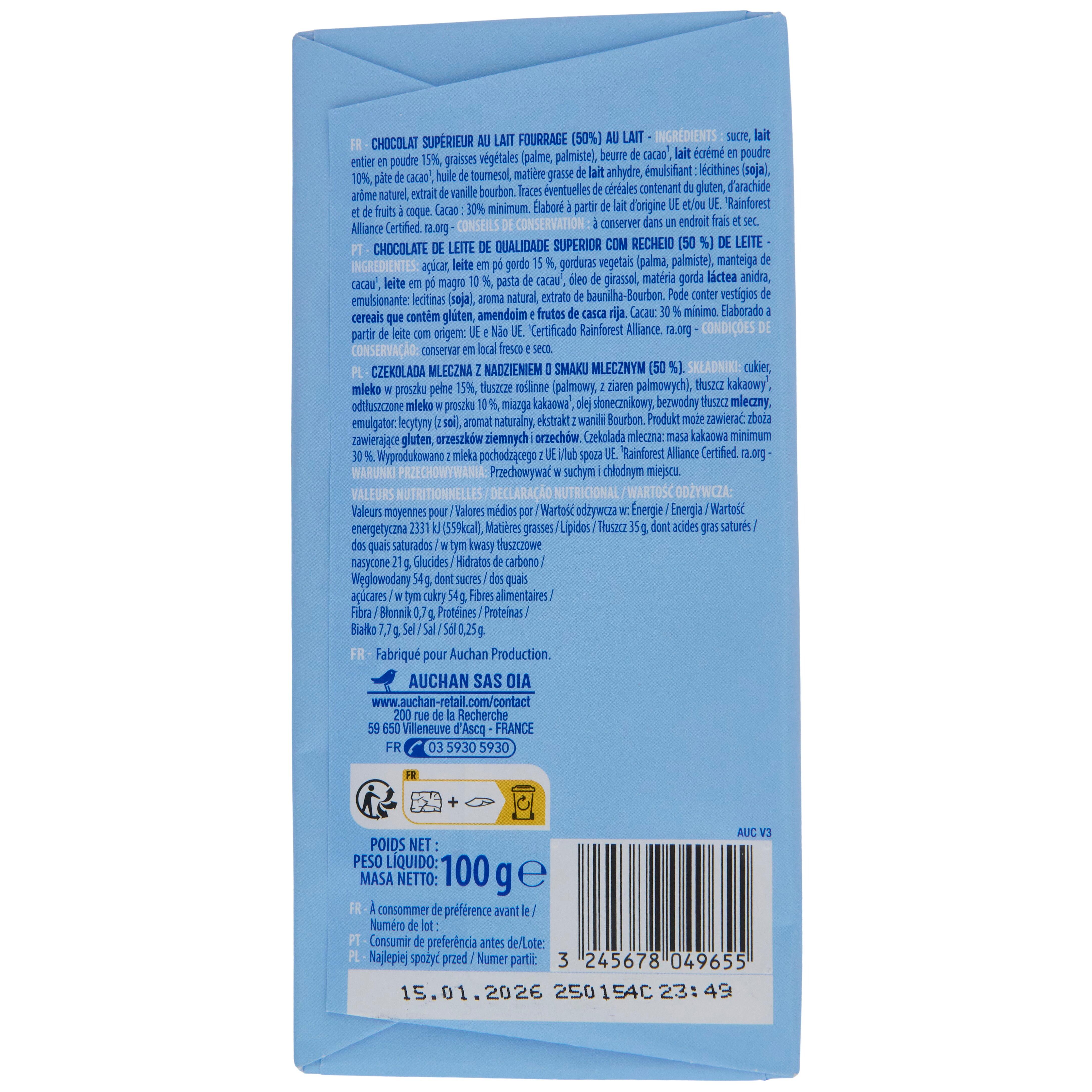 Voir la diapositive 2 : AUCHAN Tablette de chocolat au lait coeur de lait 1 pièce 100g