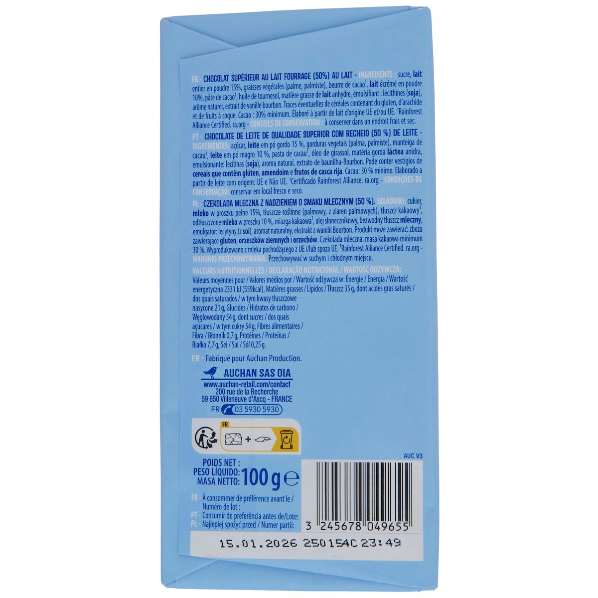 AUCHAN Tablette de chocolat au lait coeur de lait 1 pièce 100g