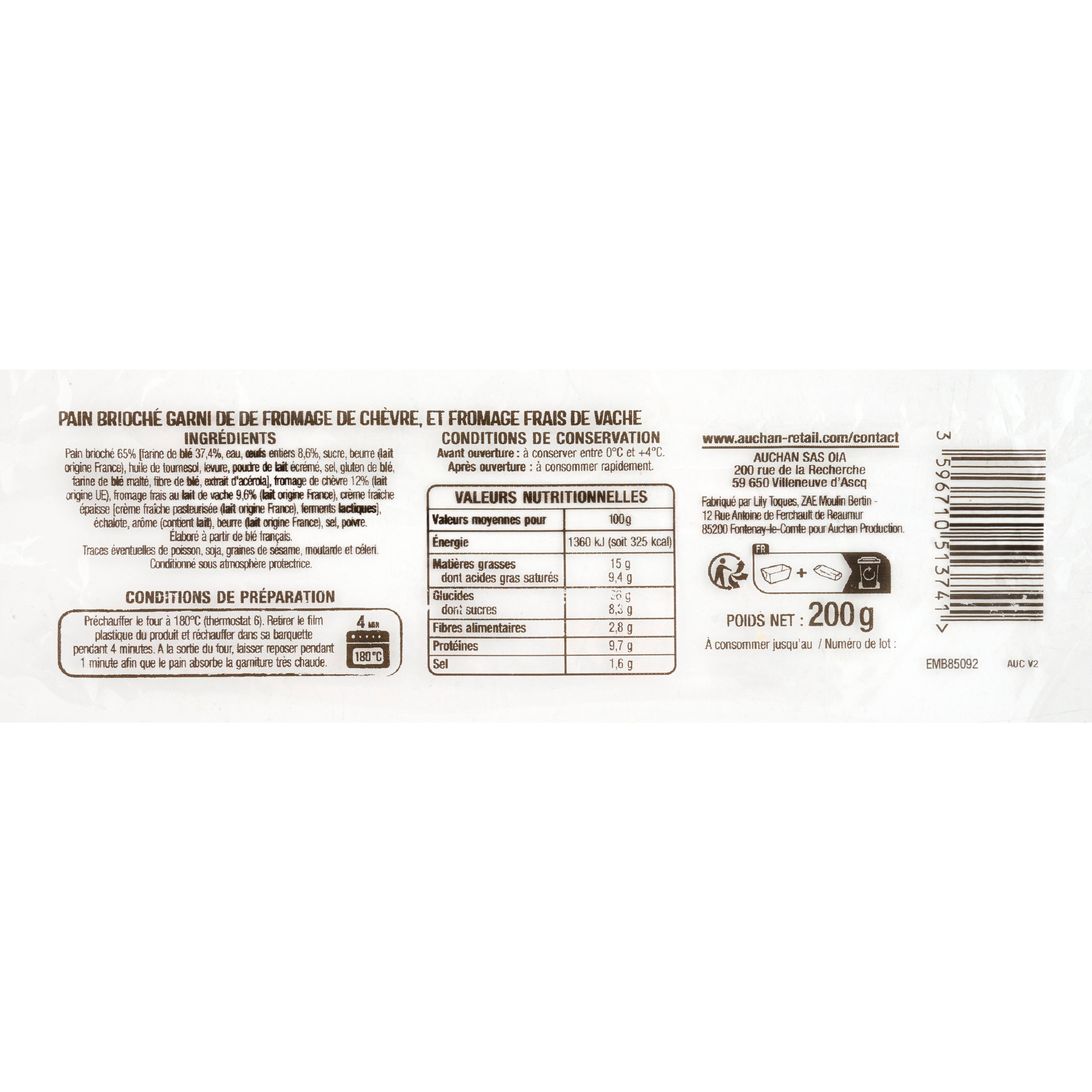 Voir la diapositive 2 : AUCHAN Pain brioché au chèvre 200g