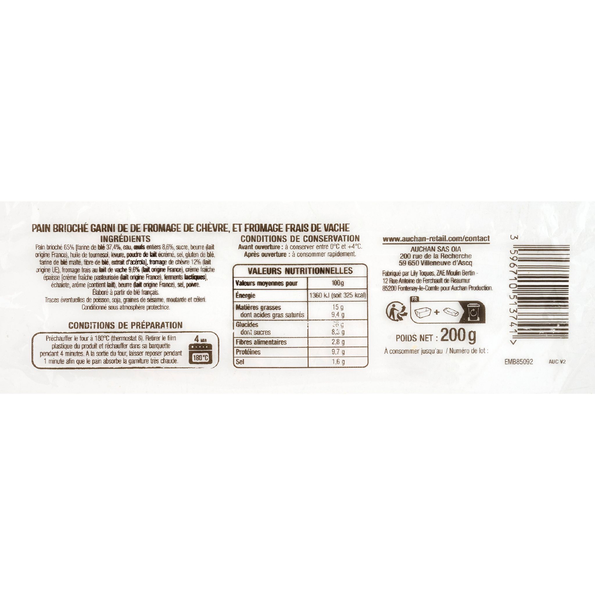 Voir la diapositive 2 : AUCHAN Pain brioché au chèvre 200g