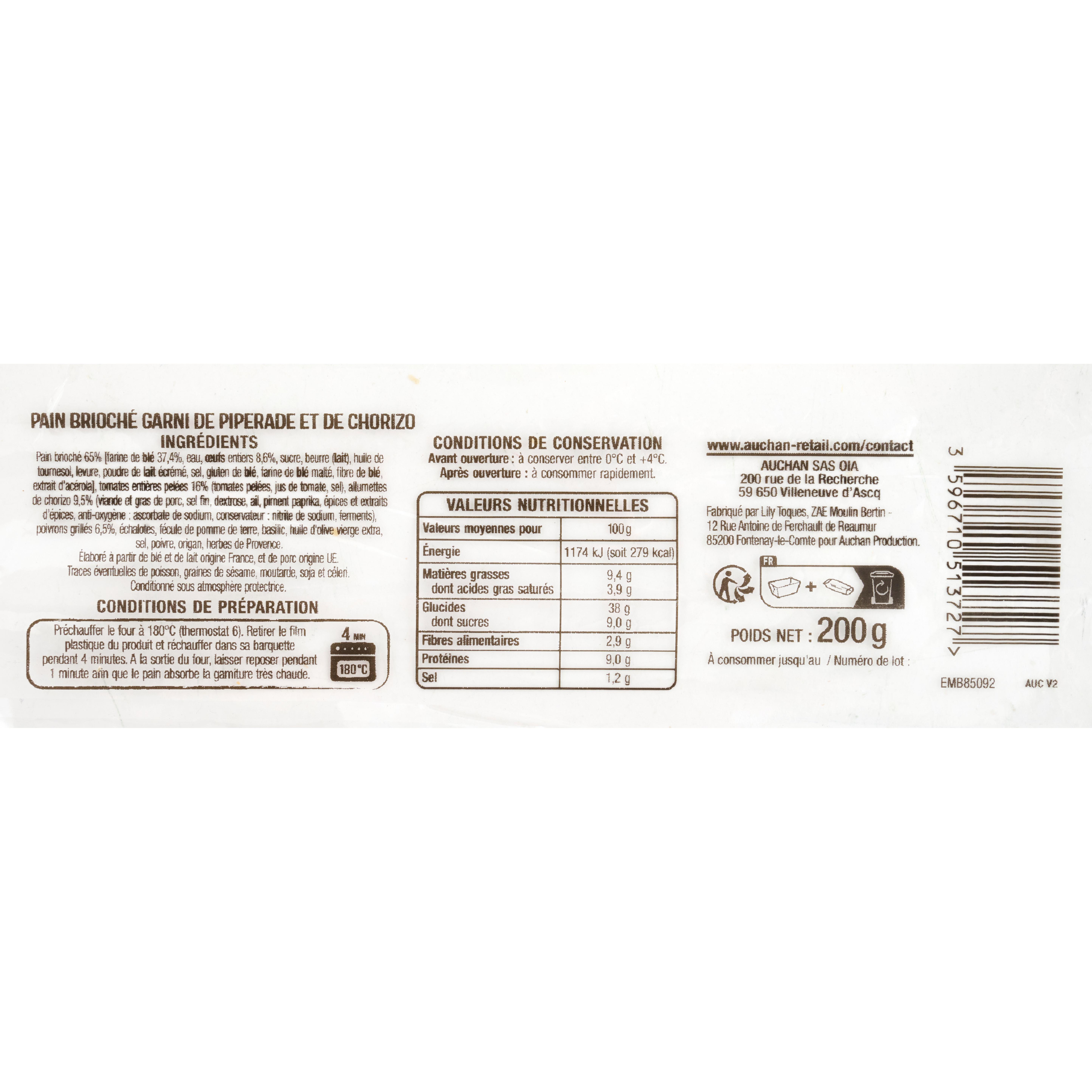Voir la diapositive 2 : AUCHAN Pain brioché à la piperade de chorizo doux 200g