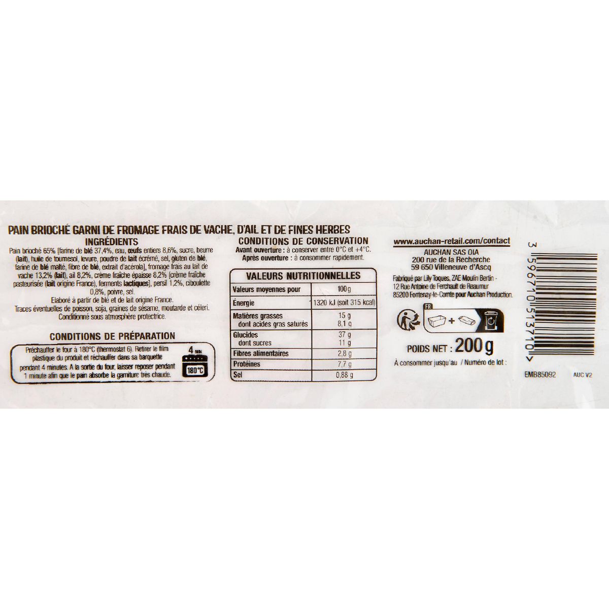 AUCHAN Préfou pain brioché ail et fines herbes 10 tranches 200g