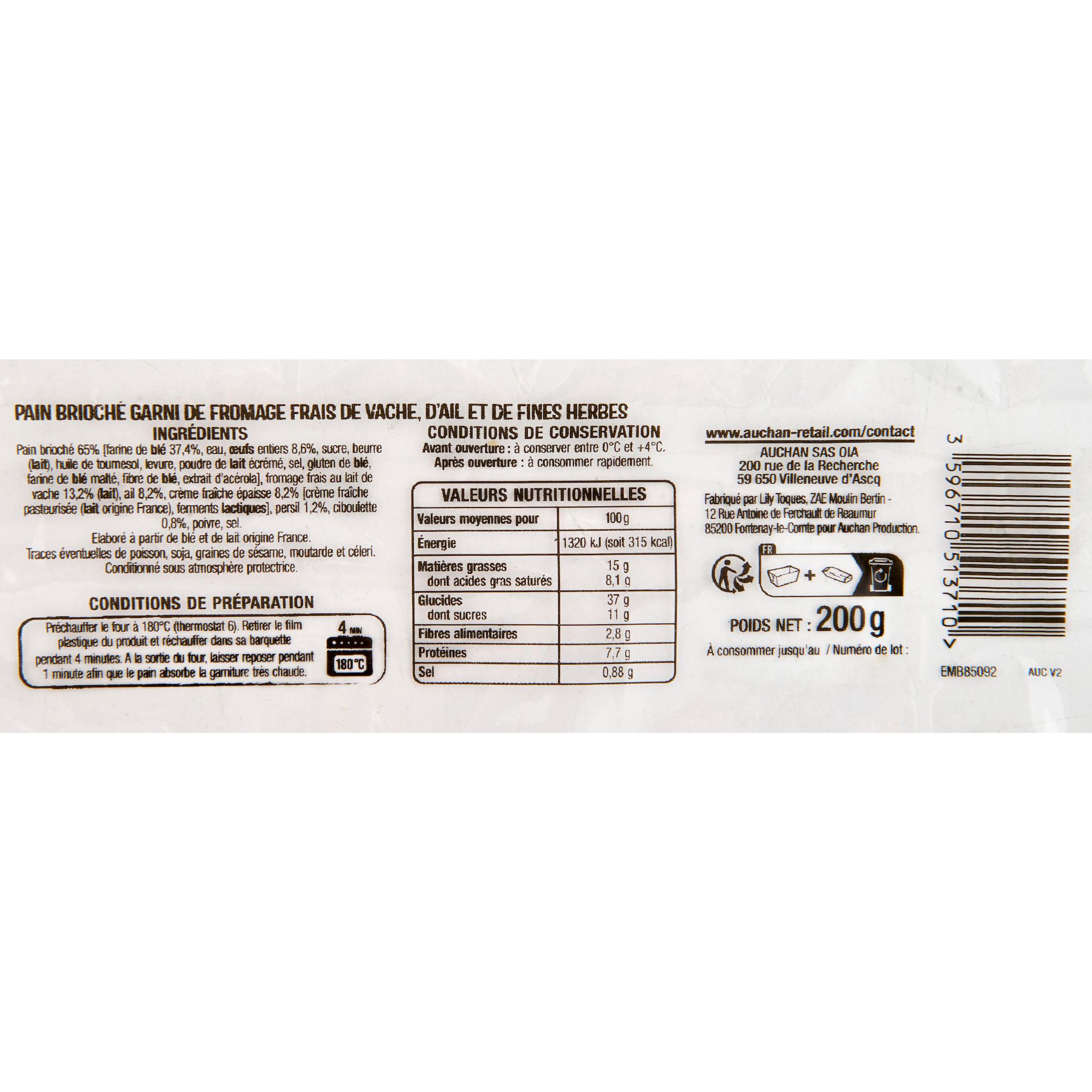 Voir la diapositive 2 : AUCHAN Préfou pain brioché ail et fines herbes 10 tranches 200g
