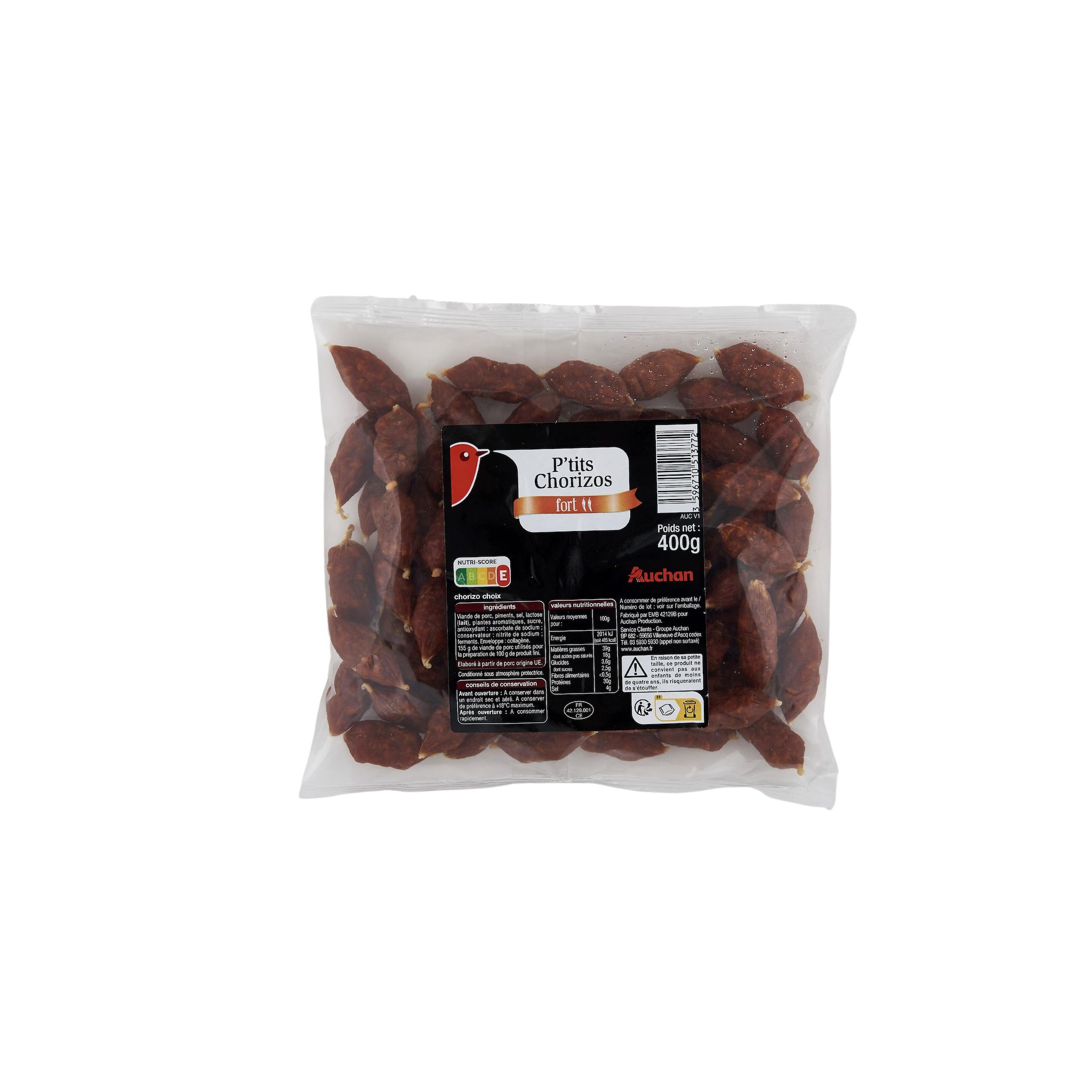 Voir la diapositive 2 : AUCHAN P'tits chorizos fort 400g
