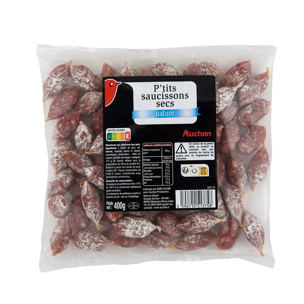 AUCHAN P'tits saucissons sec nature 400g
