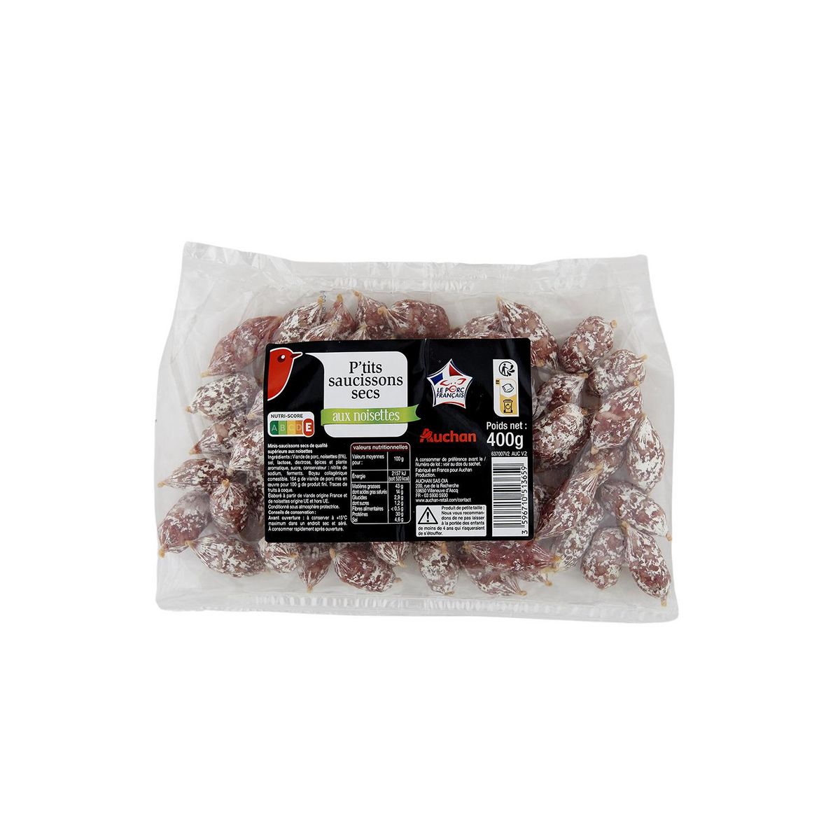 AUCHAN P'tits saucissons secs aux noisettes 400g