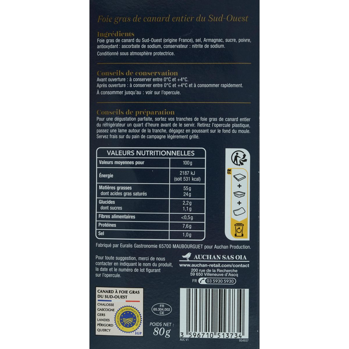 AUCHAN COLLECTION Foie gras de canard entier du Sud-Ouest 2 parts 80g