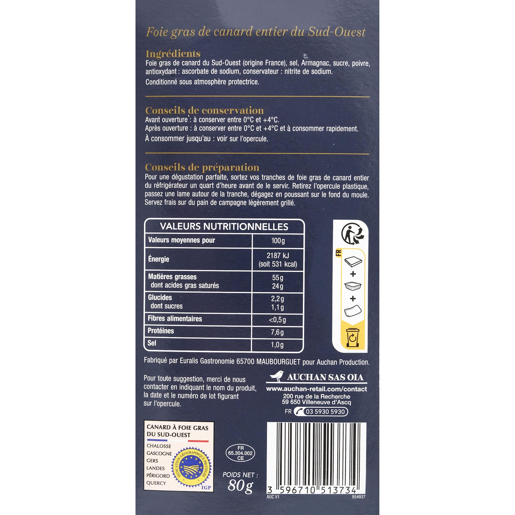 Voir la diapositive 3 : AUCHAN COLLECTION Foie gras de canard entier du Sud-Ouest 2 parts 80g