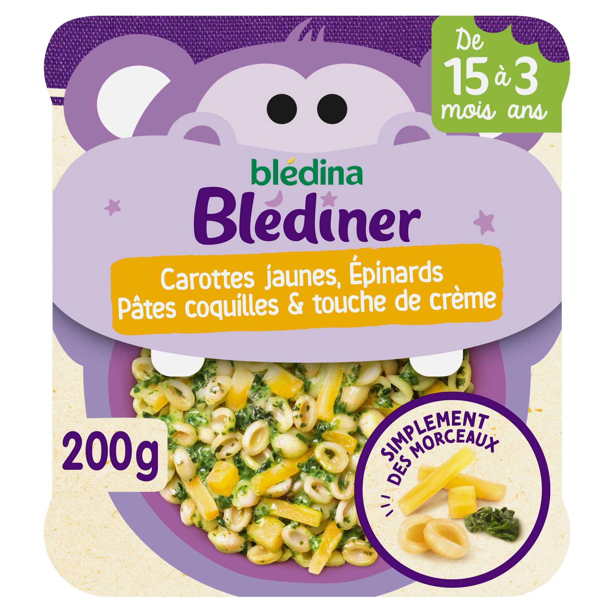 Voir la diapositive 2 : BLEDINER Assiette carottes jaunes épinard pâtes coquilles et crème dès 15 mois 200g