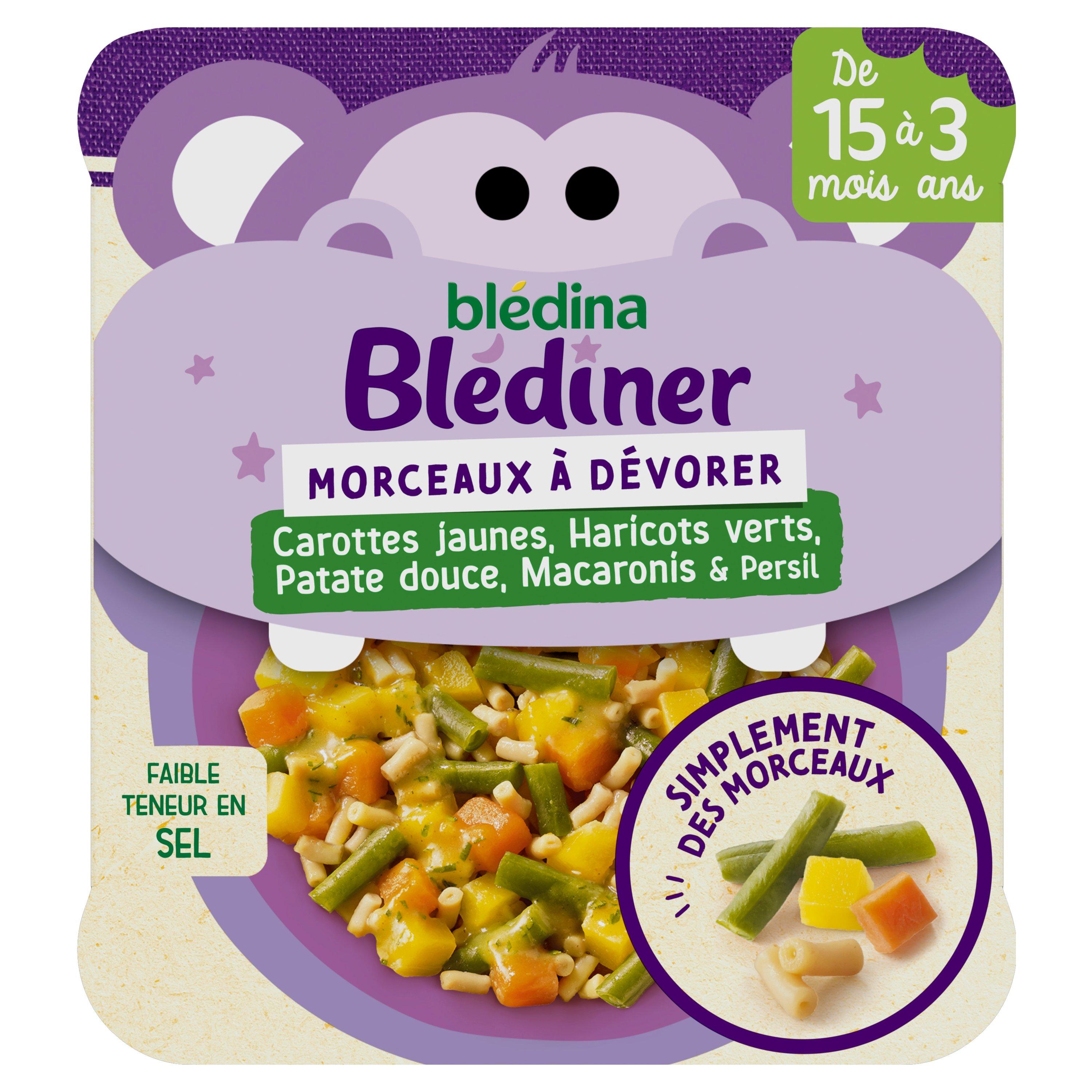 Voir la diapositive 2 : BLEDINER Assiette carottes jaunes haricots verts patate douce macaronis et persil dès 15 mois 200g