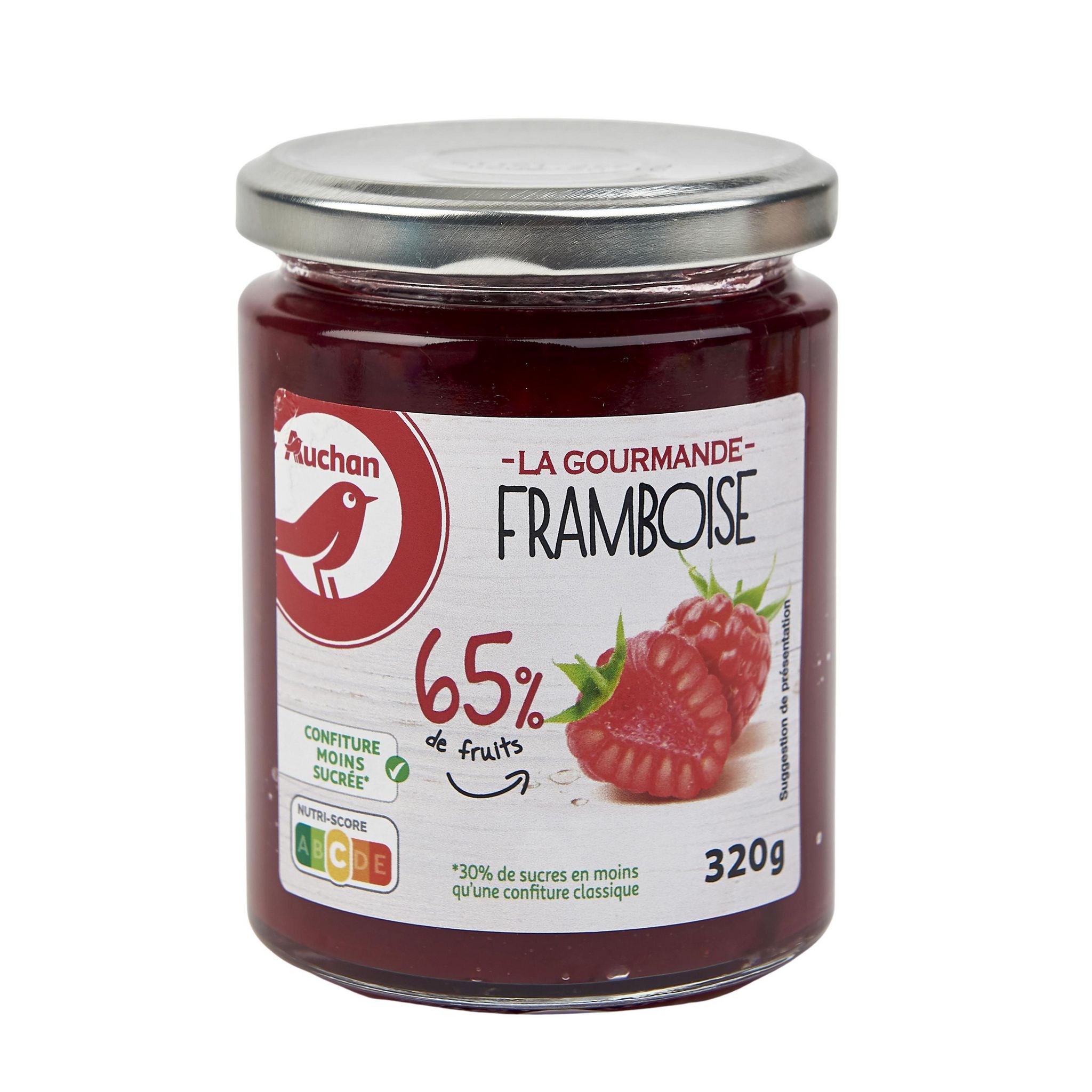 Voir la diapositive 2 : AUCHAN La gourmande confiture à la framboise 65% de fruits 320g