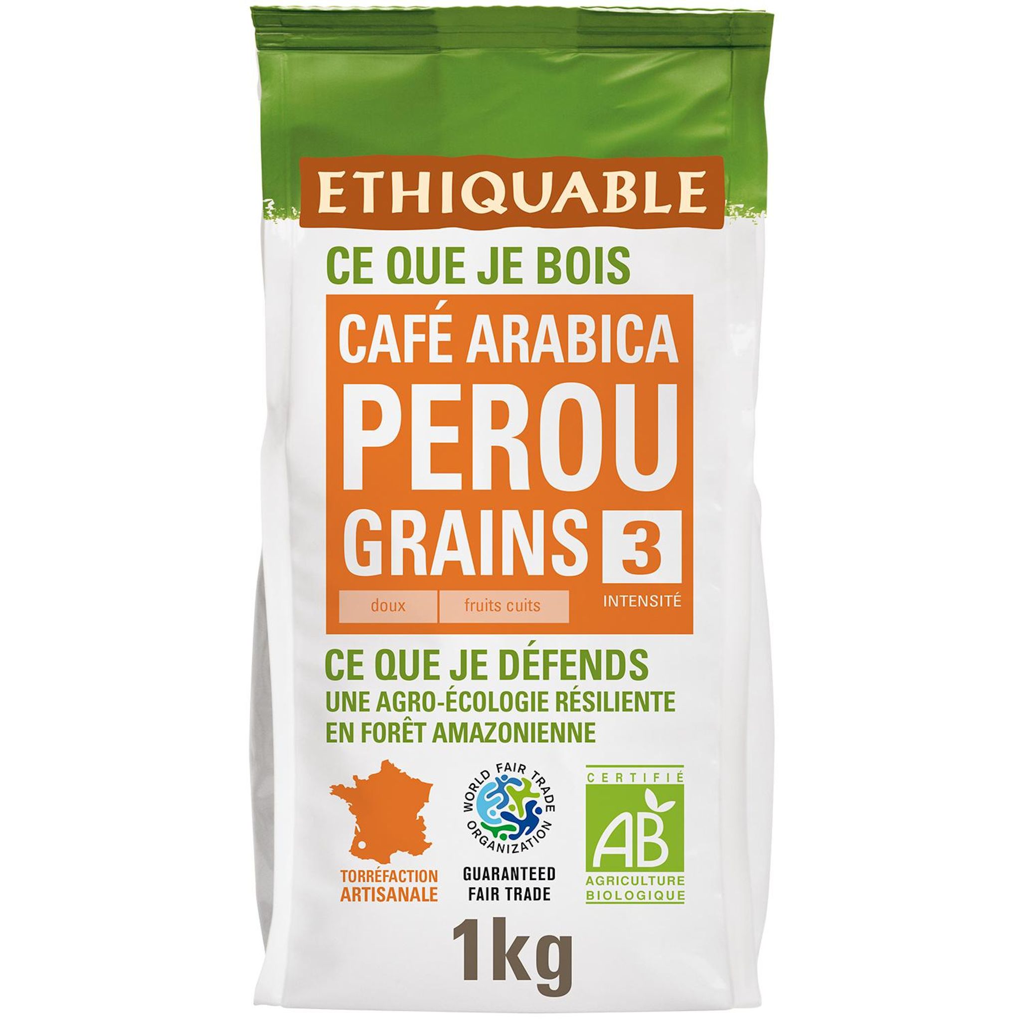 ETHIQUABLE Café en grain bio arabica Pérou intensité 2 1kg