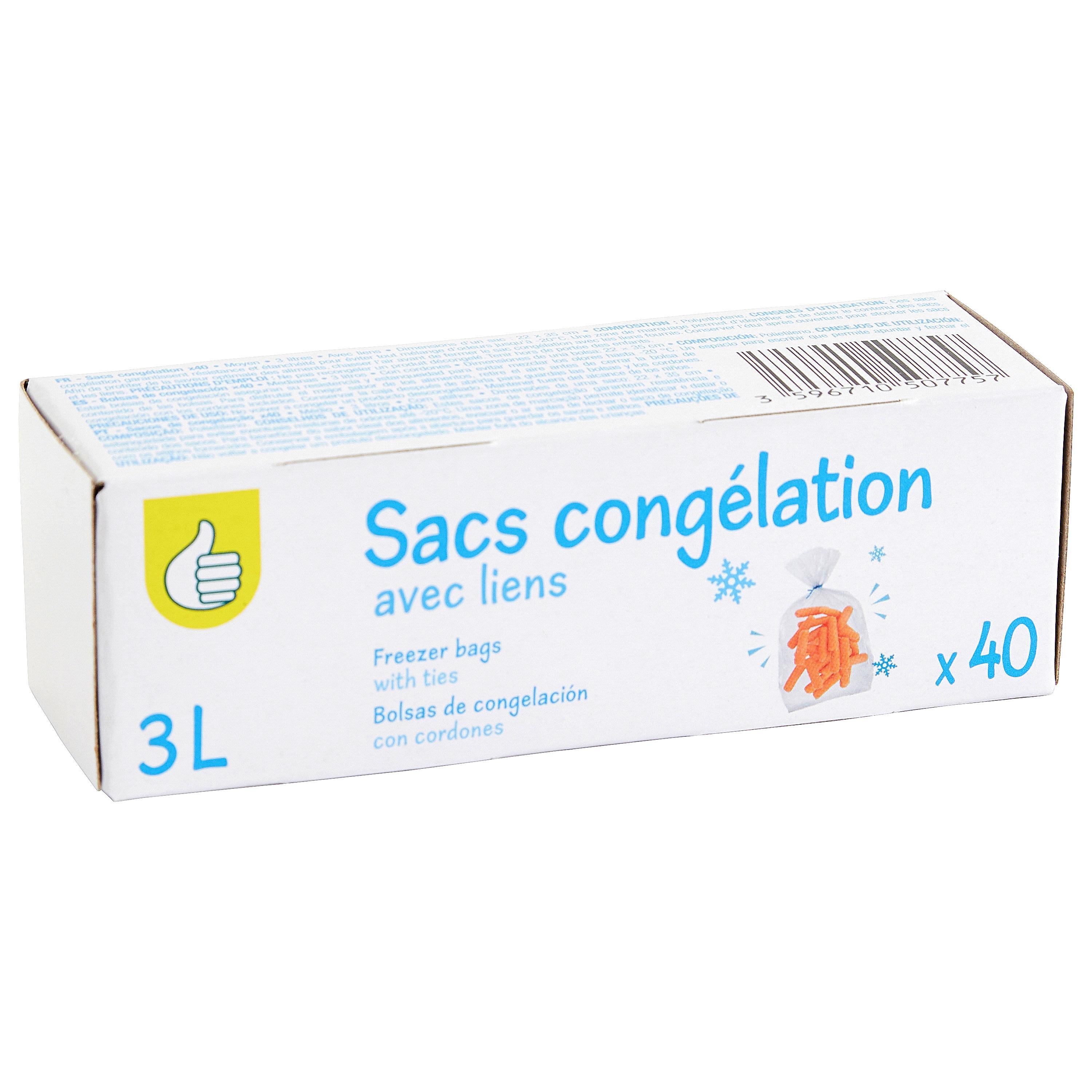 Voir la diapositive 2 : POUCE Sacs de congélation avec liens 3L 40 sacs