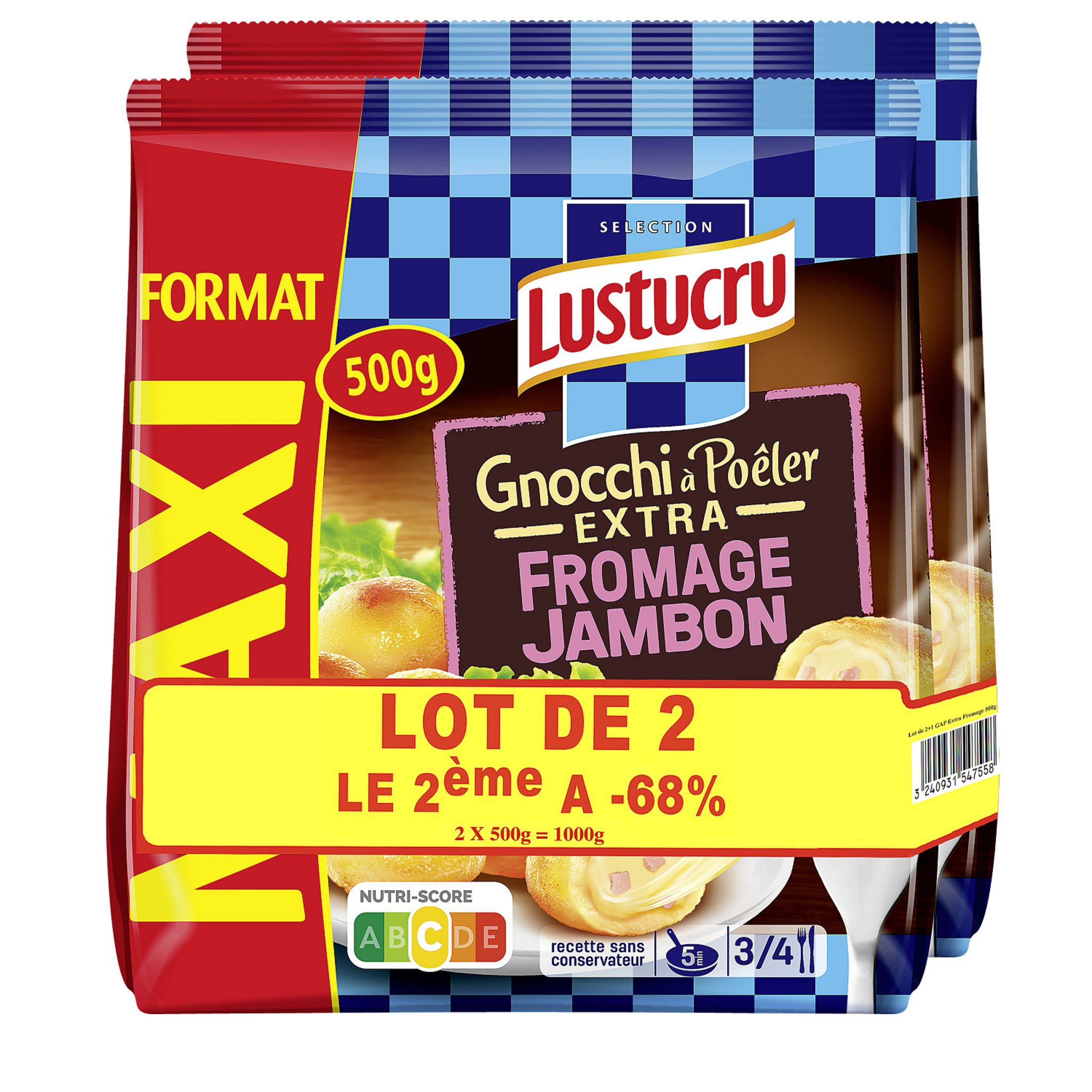 LUSTUCRU Gnocchi à poêler extra fromage jambon 2x500g
