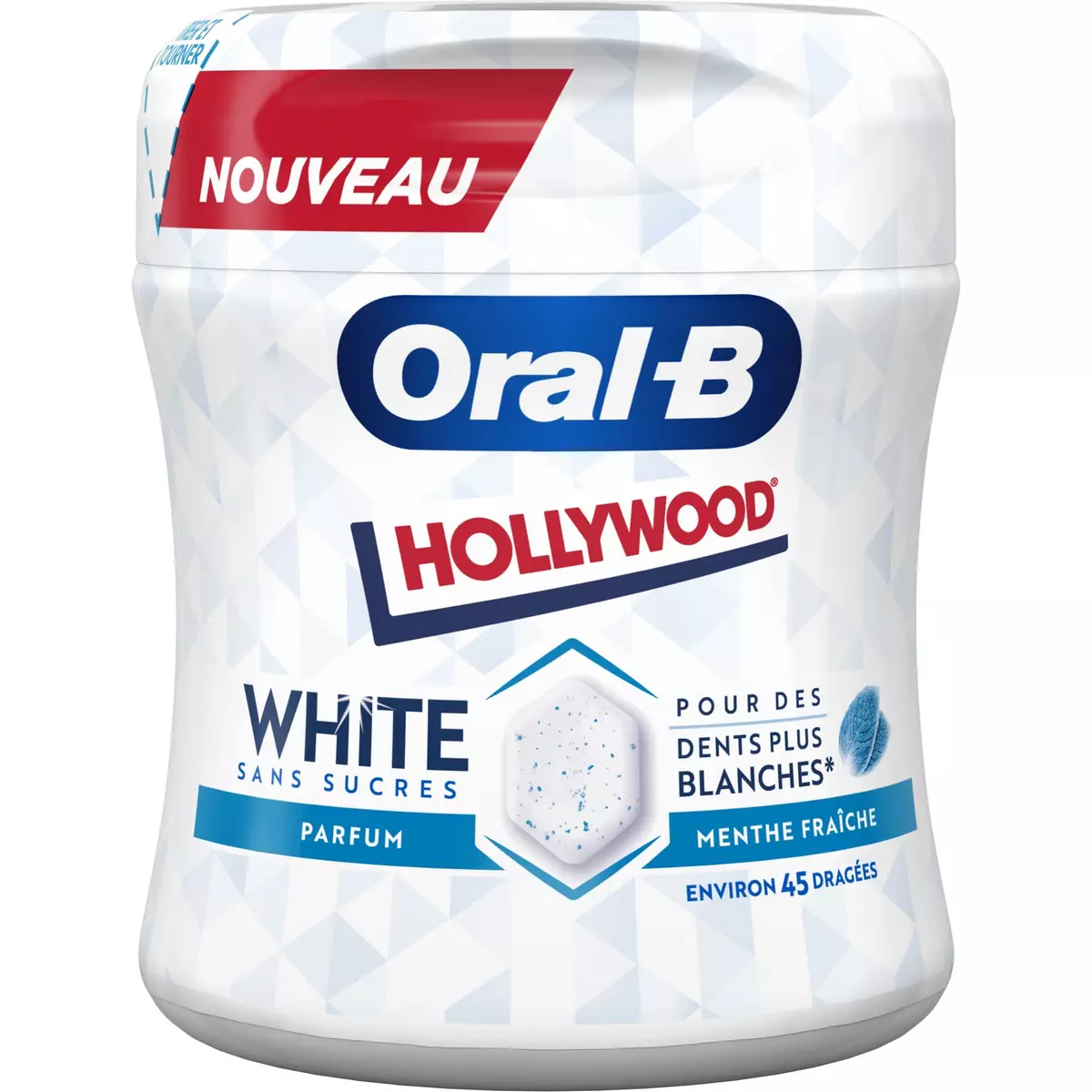 HOLLYWOOD Oral-B white chewing gum menthe fraîche sans sucres environ 45 dragées 76.5g