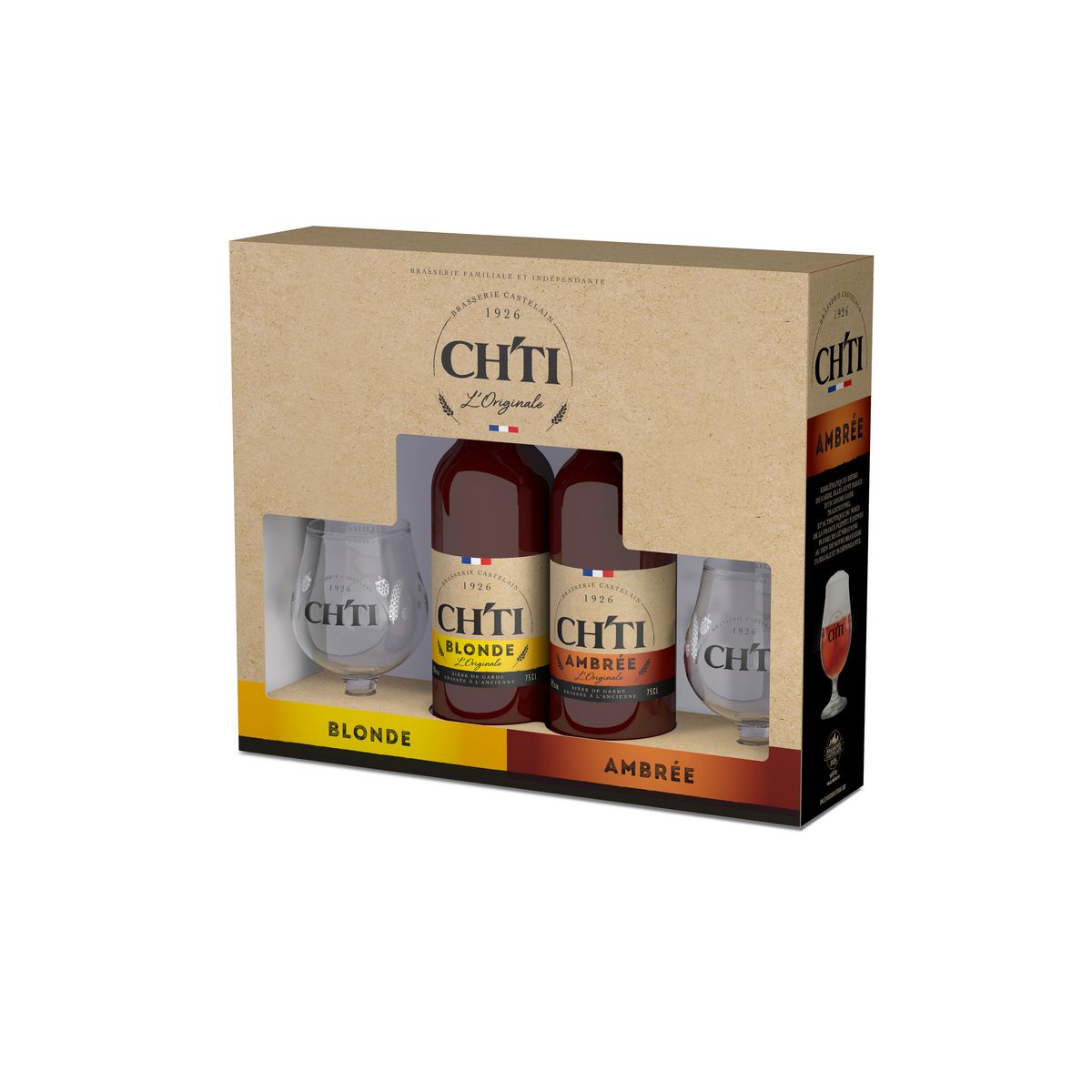 CH'TI Coffret bière blonde et ambrée 6,5% +2 verres 2x75cl