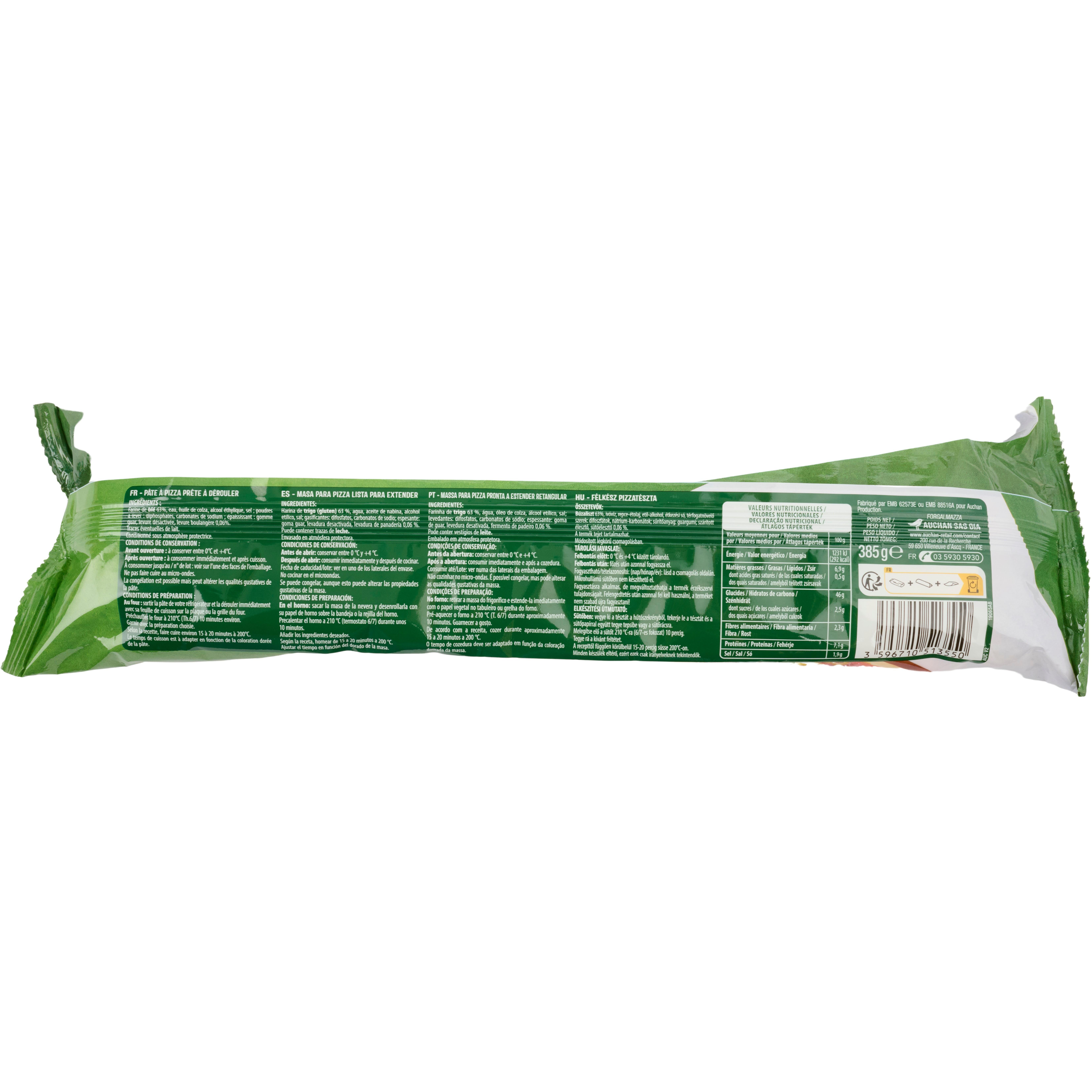 Voir la diapositive 3 : AUCHAN Pâte à pizza rectangulaire et moelleuse 385g
