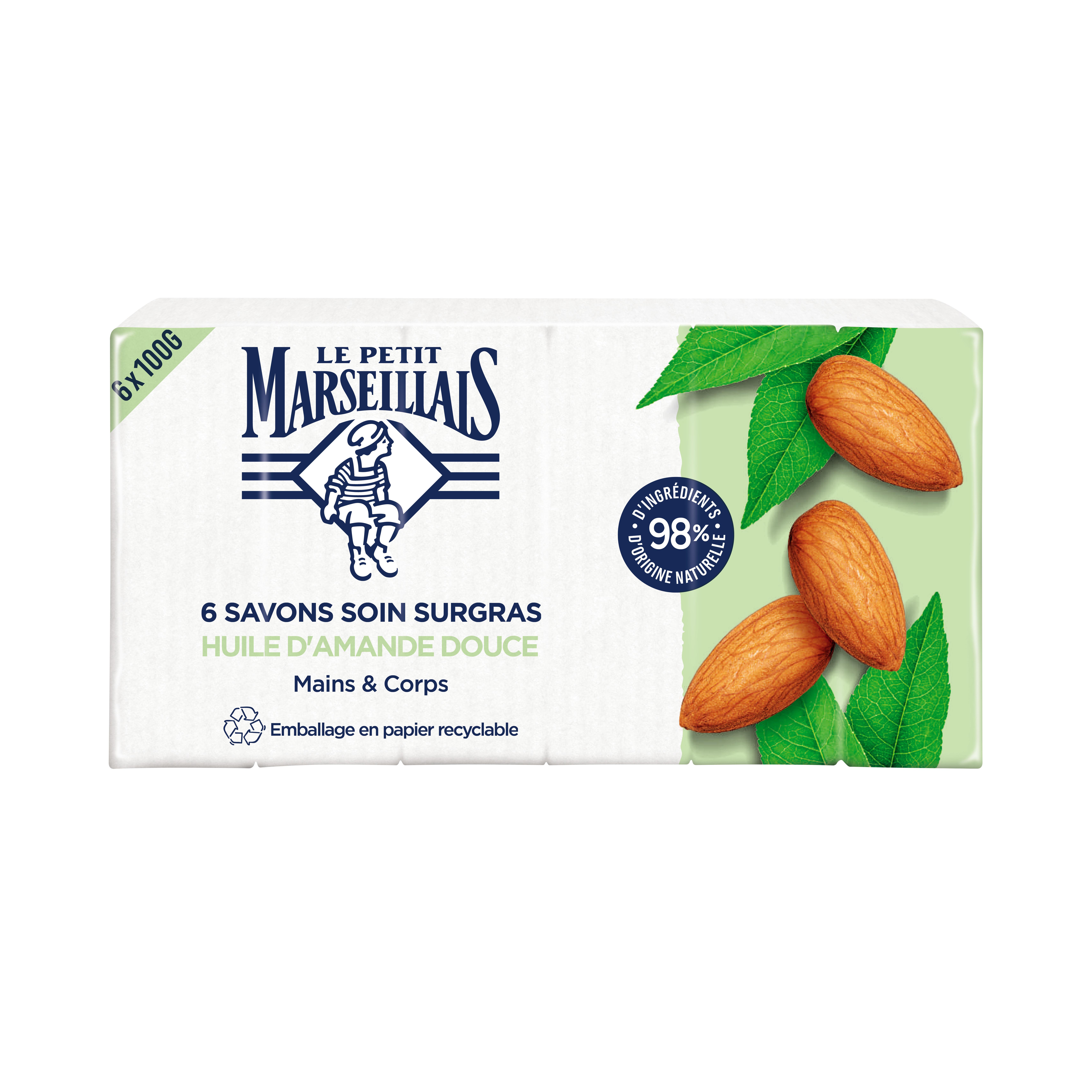 LE PETIT MARSEILLAIS Savon solide mains et corps à l'huile d'amande douce 6x100g