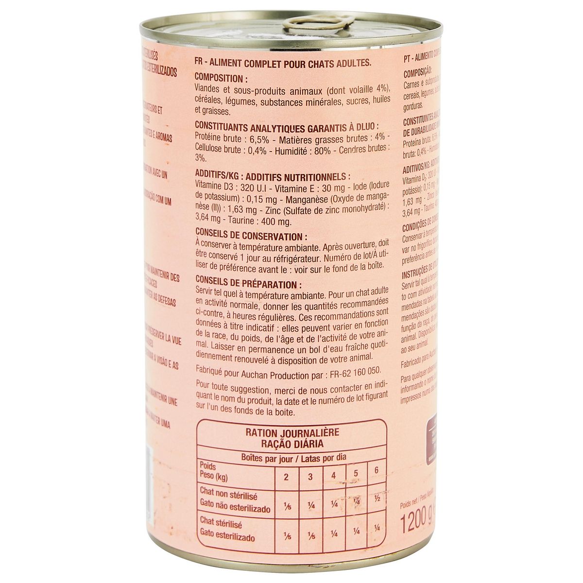 AUCHAN Bouchées en sauce à la volaille boite pour chat 1200g