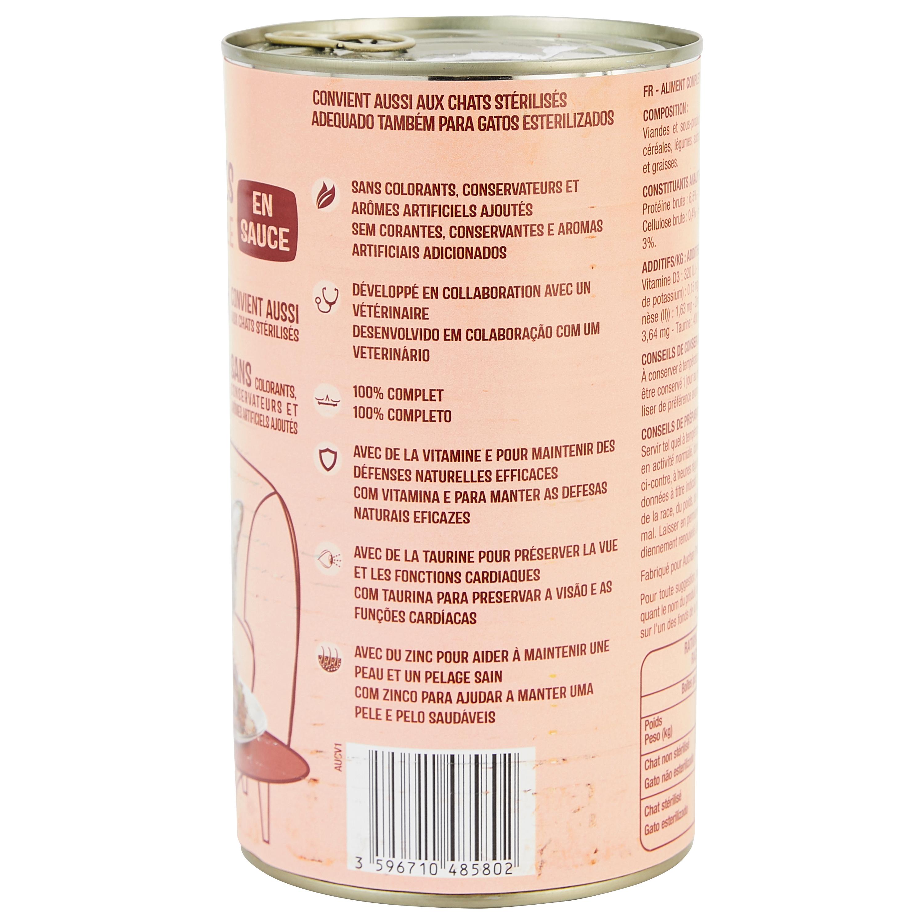 Voir la diapositive 3 : AUCHAN Bouchées en sauce à la volaille boite pour chat 1200g