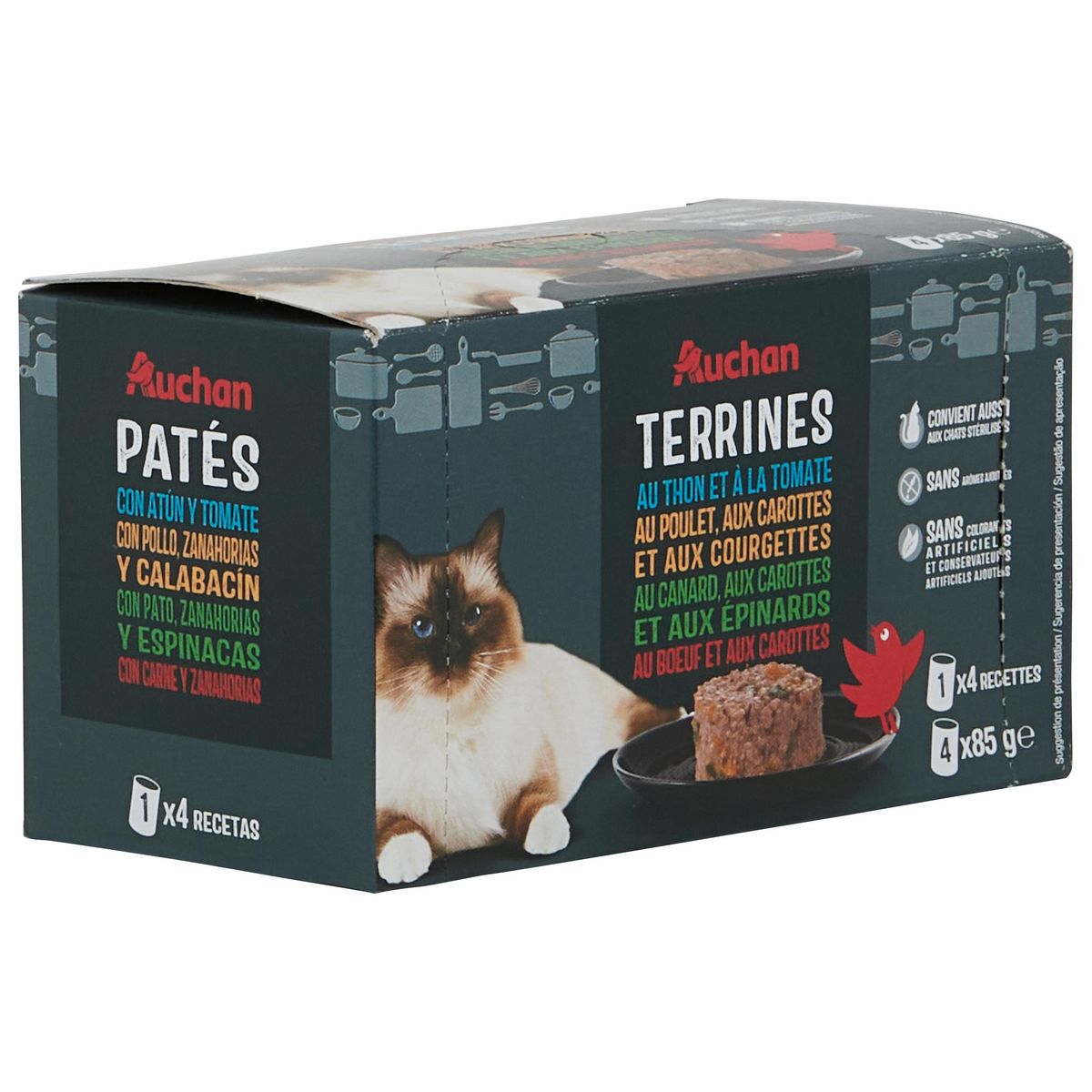 AUCHAN Terrines au poisson et à la viande pour chat 4x85g