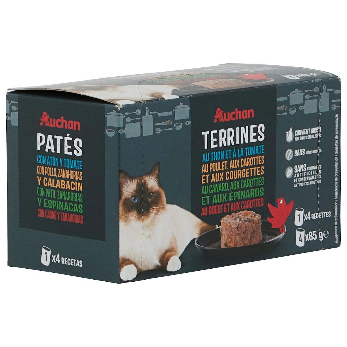 AUCHAN Terrines au poisson et à la viande pour chat 4x85g