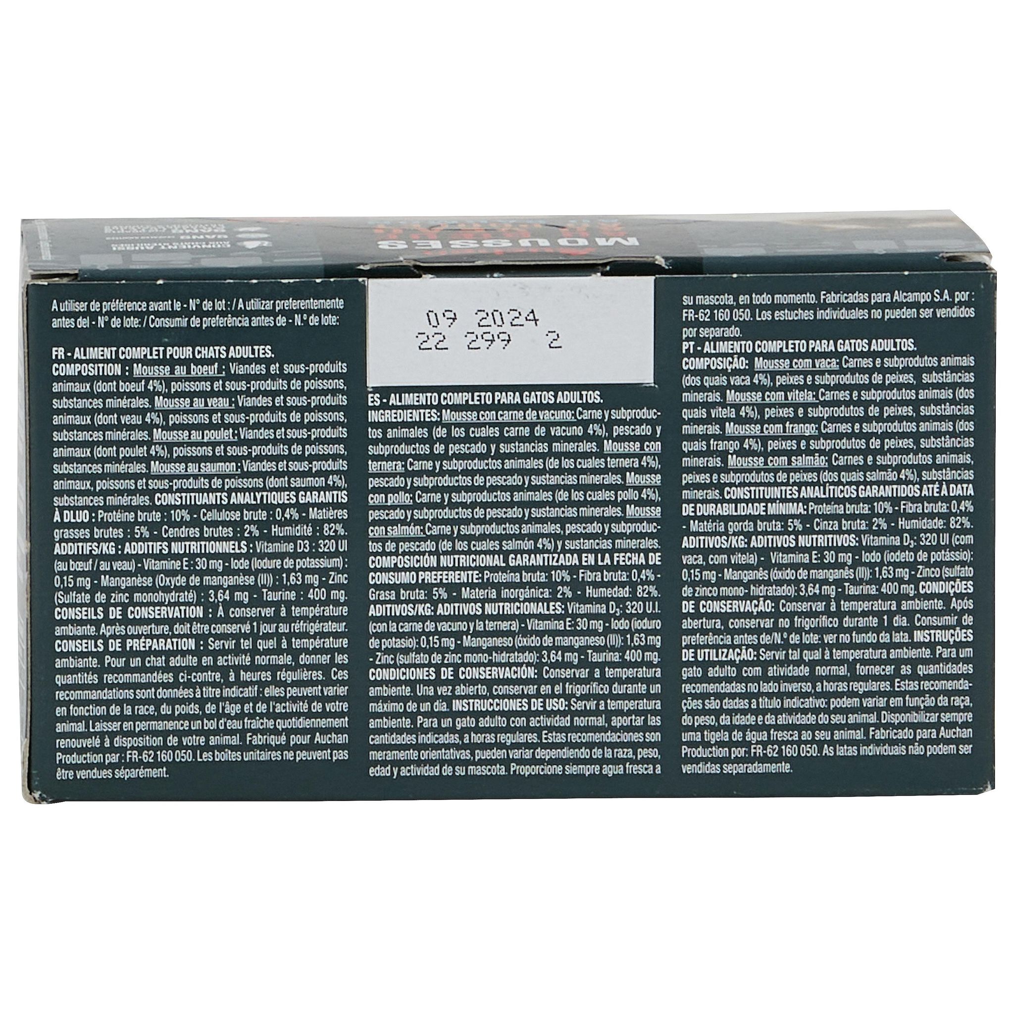 Voir la diapositive 2 : AUCHAN Mousses à la viande et au poisson pour chat 4x85g