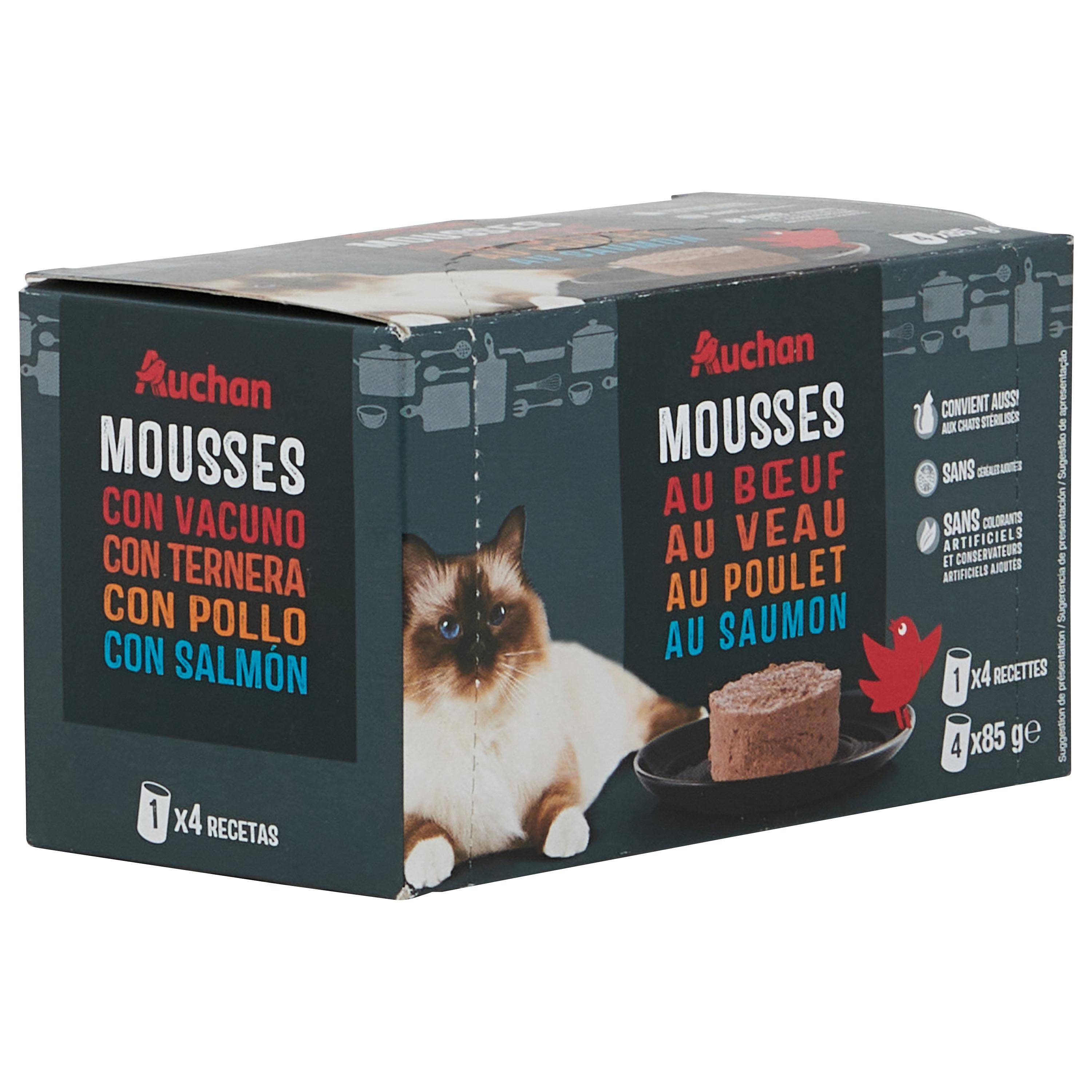 Voir la diapositive 4 : AUCHAN Mousses à la viande et au poisson pour chat 4x85g