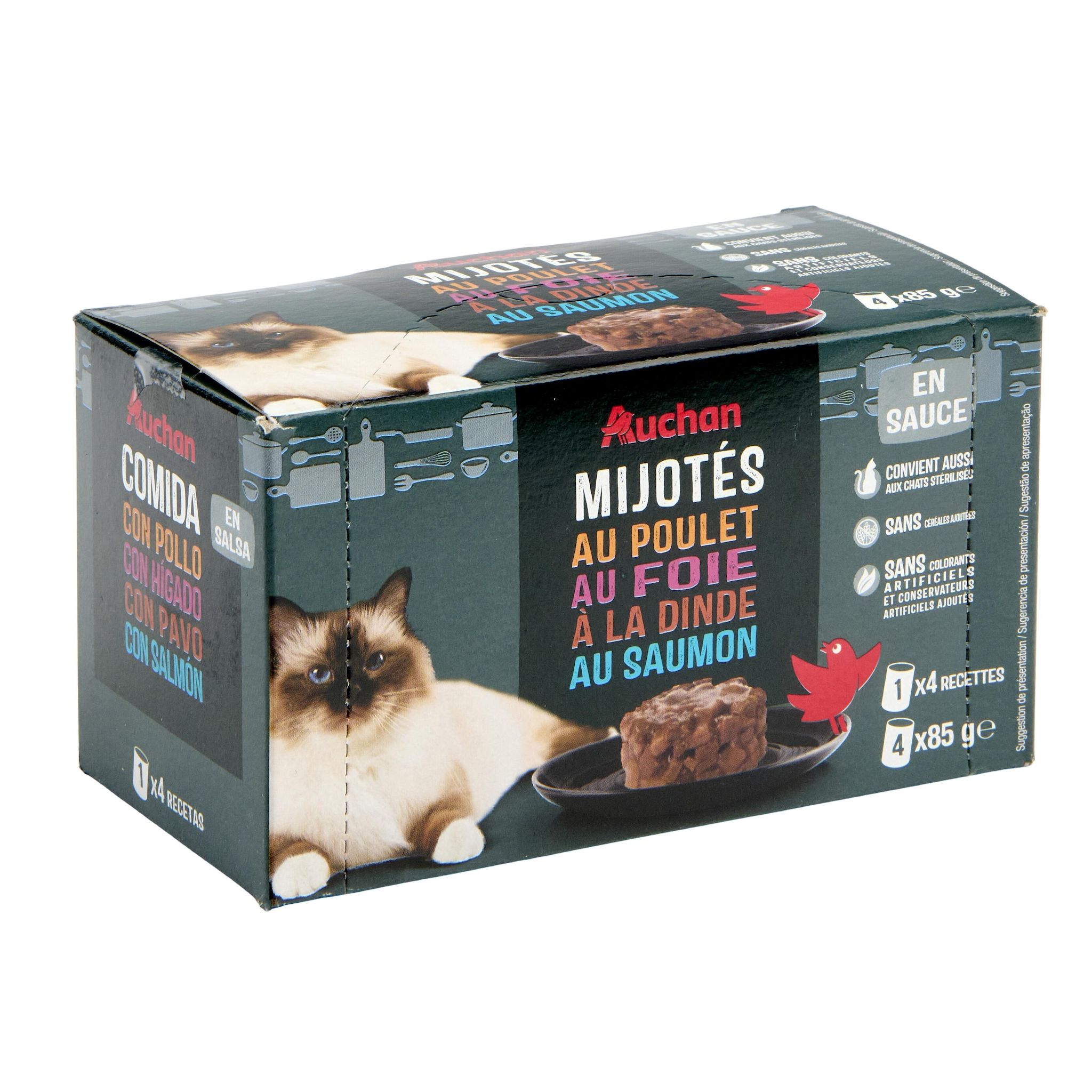 Voir la diapositive 2 : AUCHAN Mijotés en sauce à la viande et au poisson pour chat 4x85g