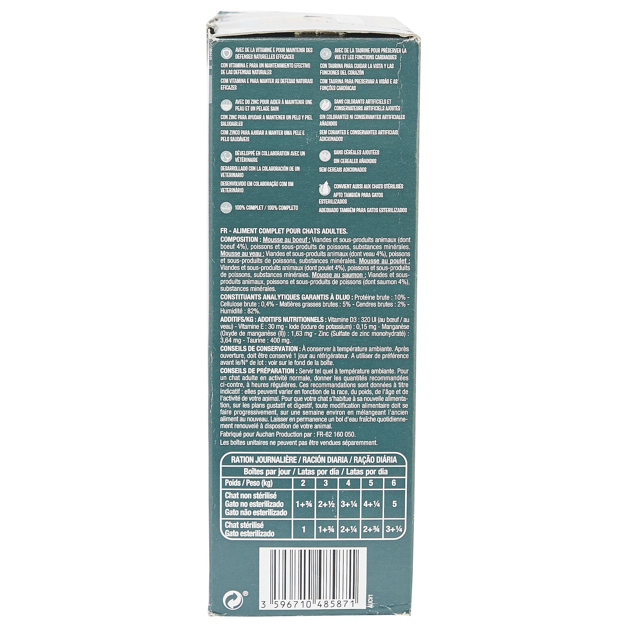 Voir la diapositive 2 : AUCHAN Mousses à la viande et au poisson pour chat 12x85g