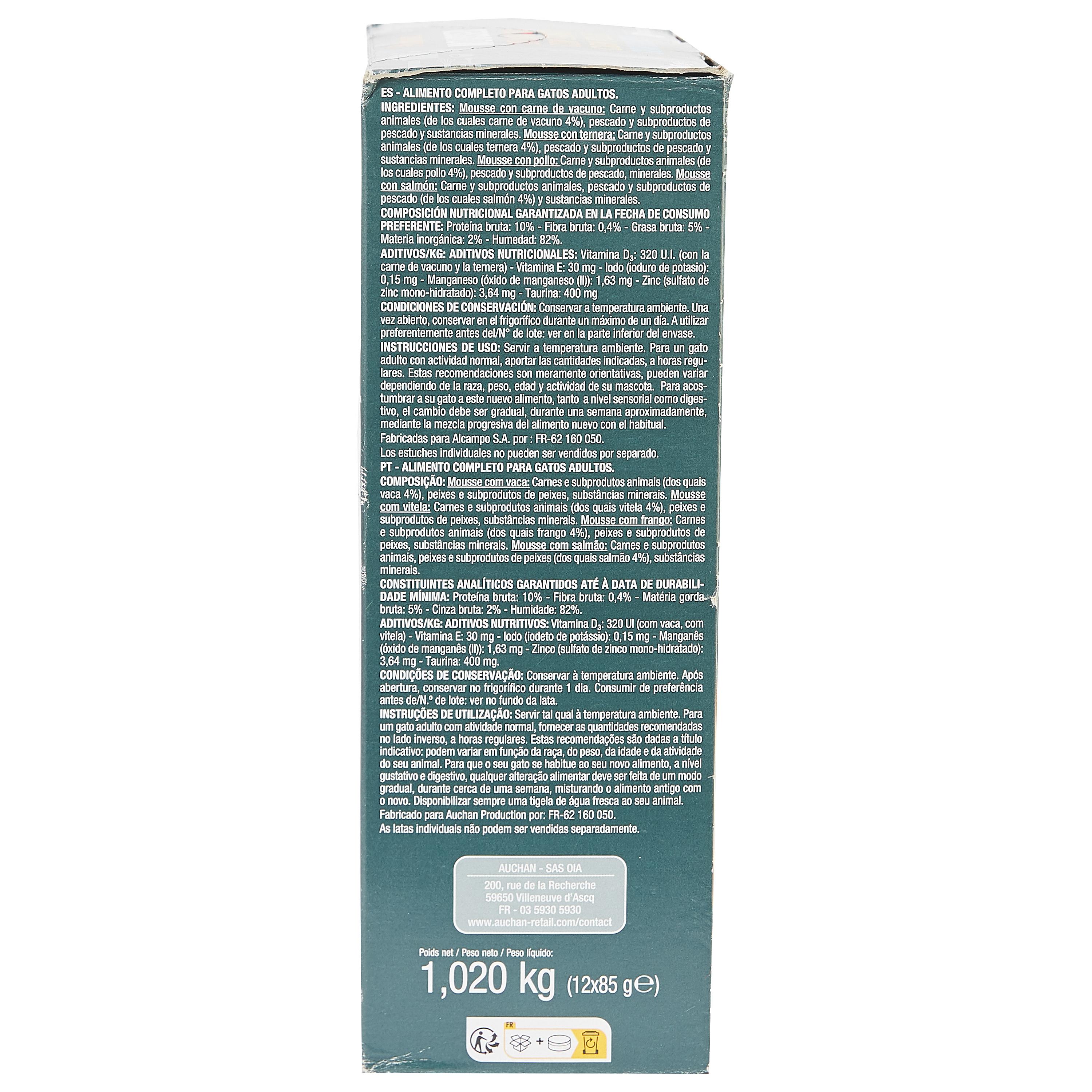 Voir la diapositive 3 : AUCHAN Mousses à la viande et au poisson pour chat 12x85g