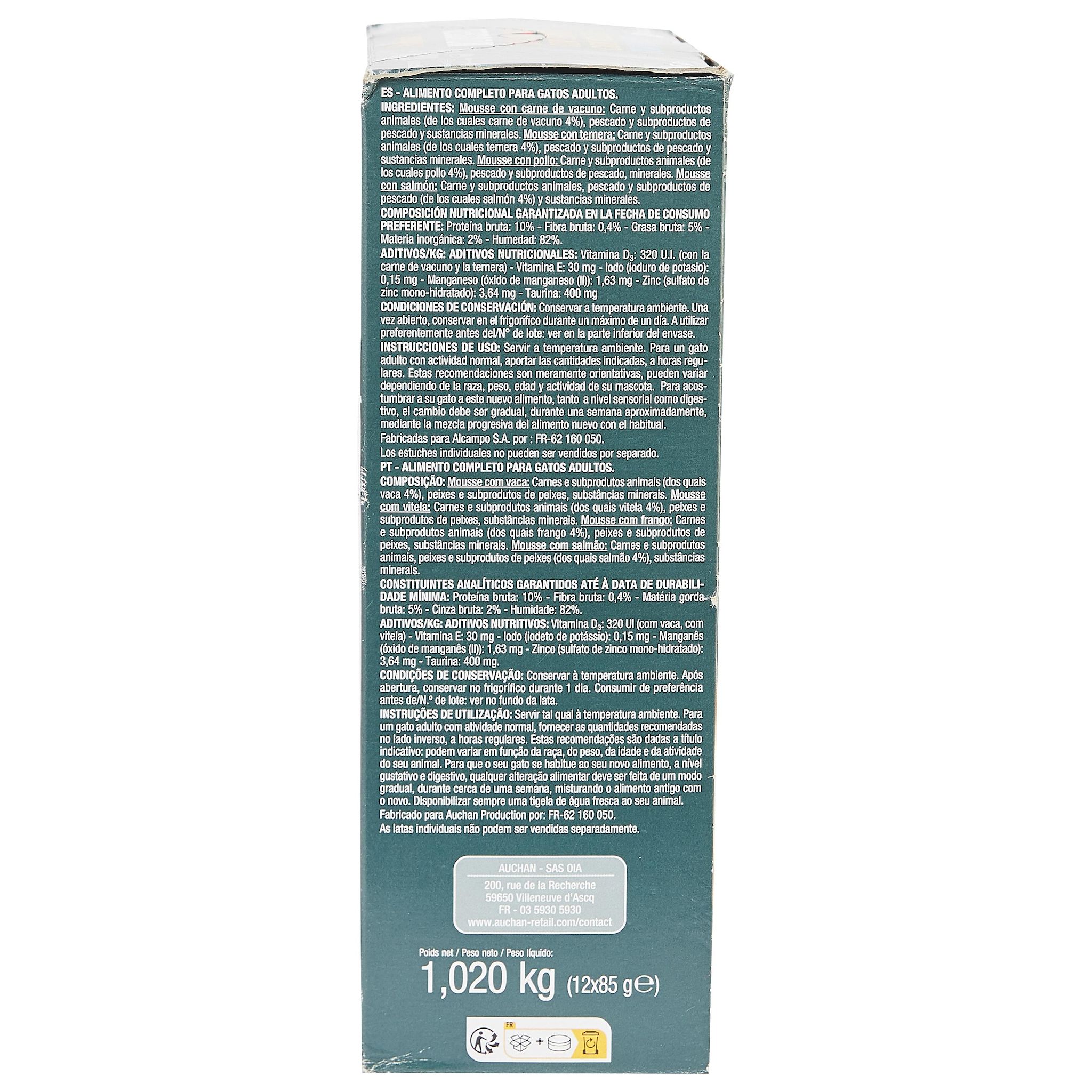 Voir la diapositive 3 : AUCHAN Mousses à la viande et au poisson pour chat 12x85g