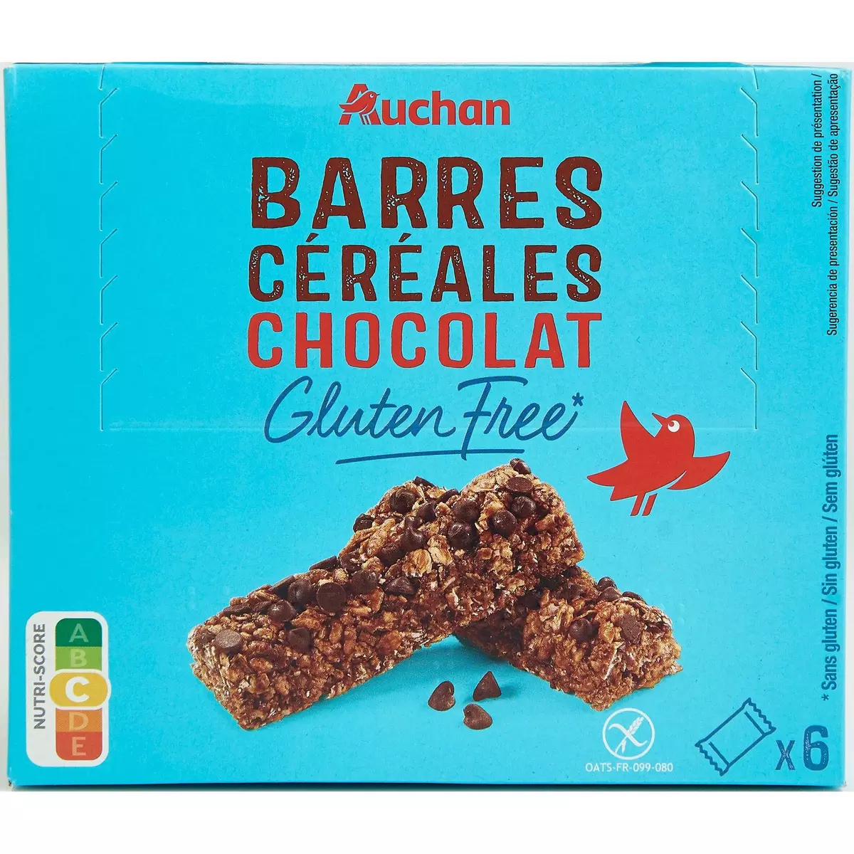 AUCHAN Barres de céréales au chocolat sans gluten 6 barres 138g