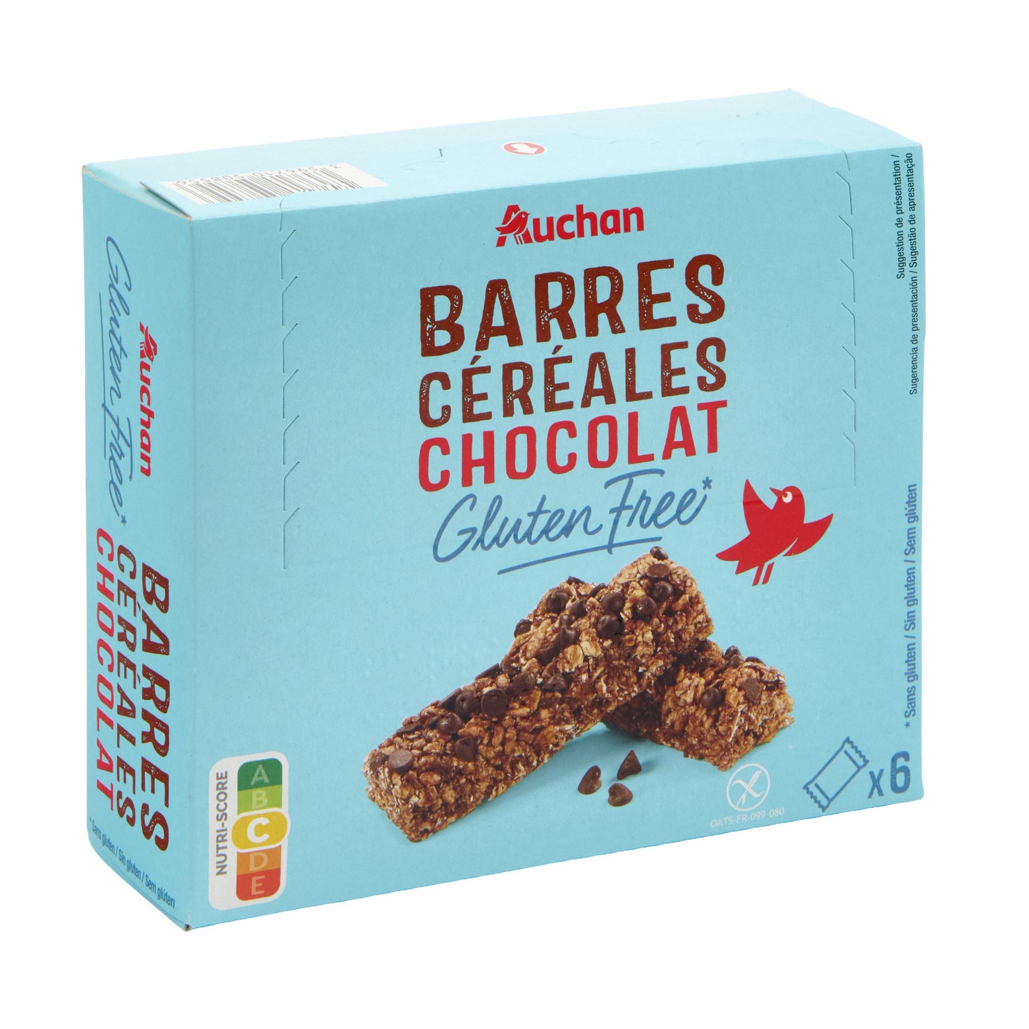 Voir la diapositive 2 : AUCHAN Barres de céréales au chocolat sans gluten 6 barres 138g