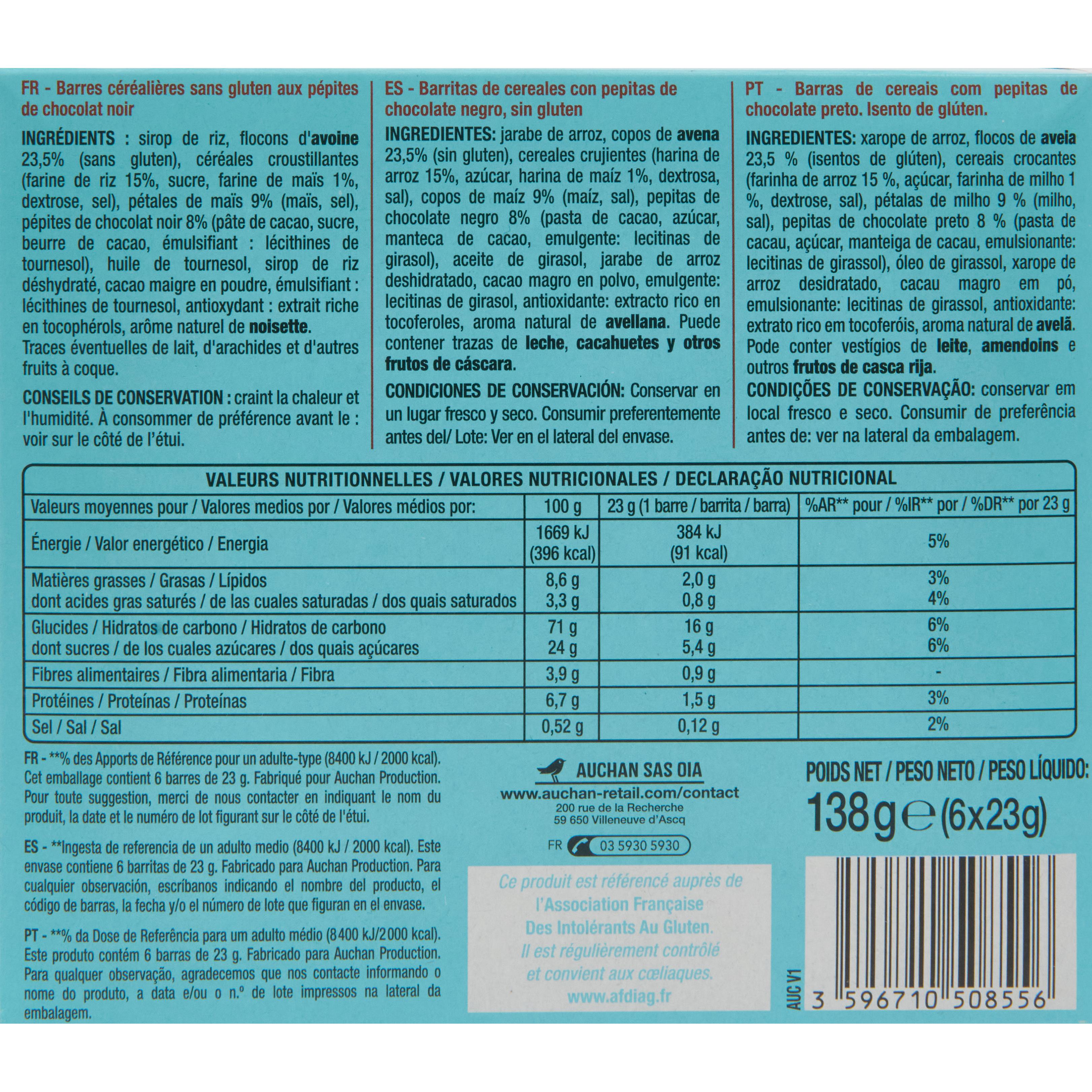 Voir la diapositive 4 : AUCHAN Barres de céréales au chocolat sans gluten 6 barres 138g